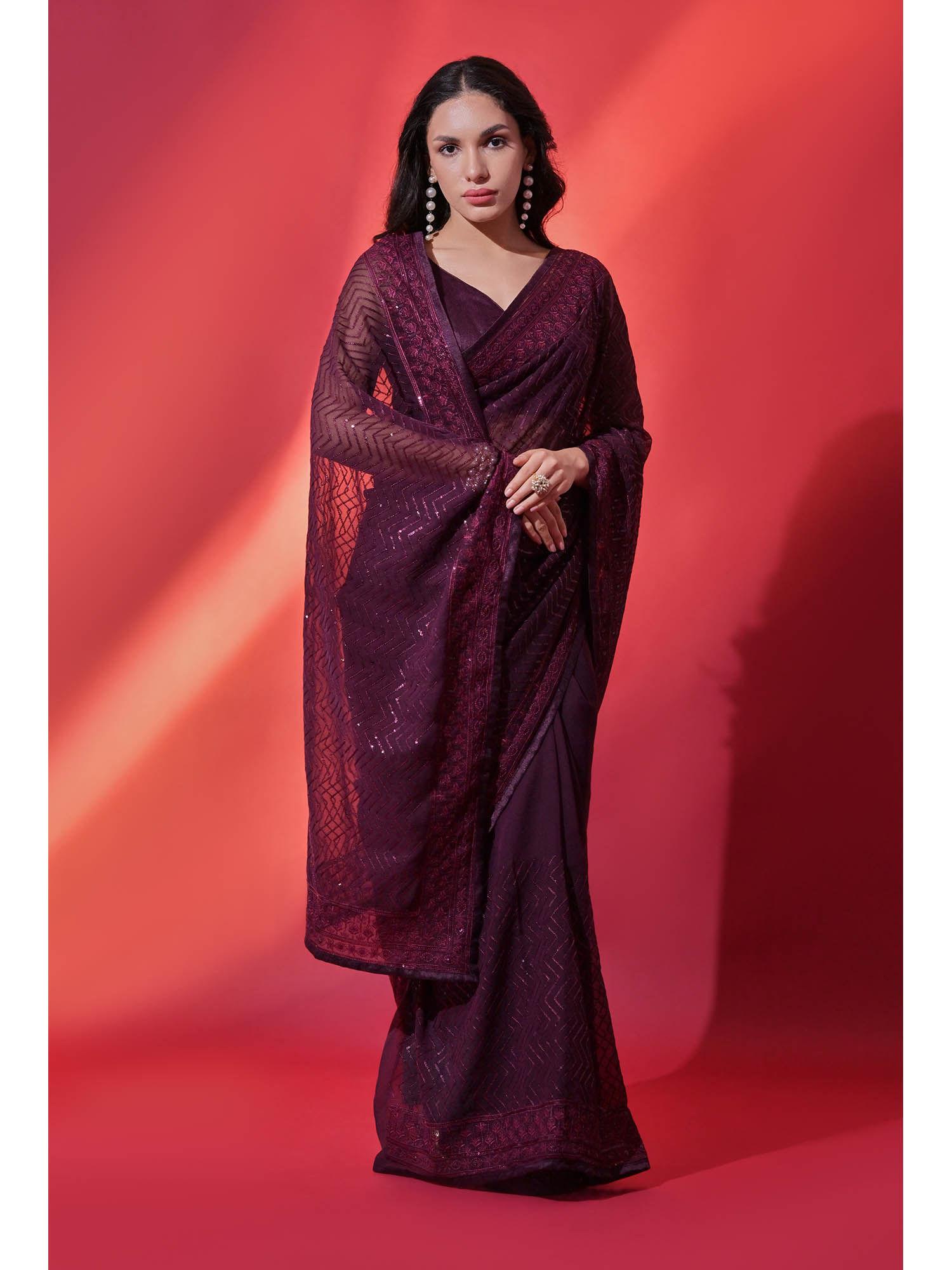 georgette heavy embroidered and seqiuns work wine saree with unstitched blouse likpfsar03