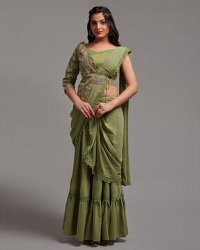 georgette heavy embroidery worked saree with semi-stitched blouse pre-stitched saree