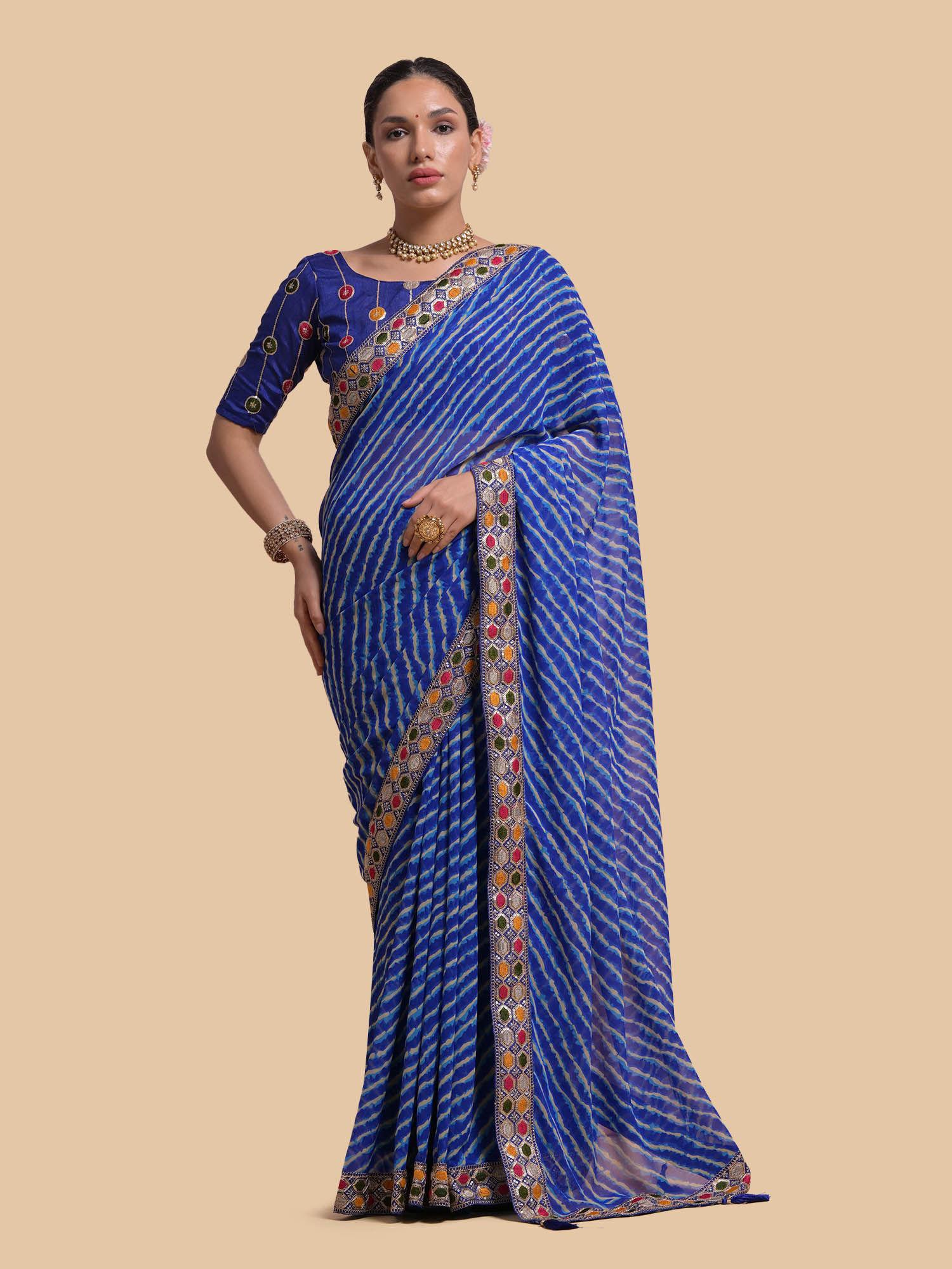 georgette lehariya printed and border embroidered blue saree with unstitched blouse