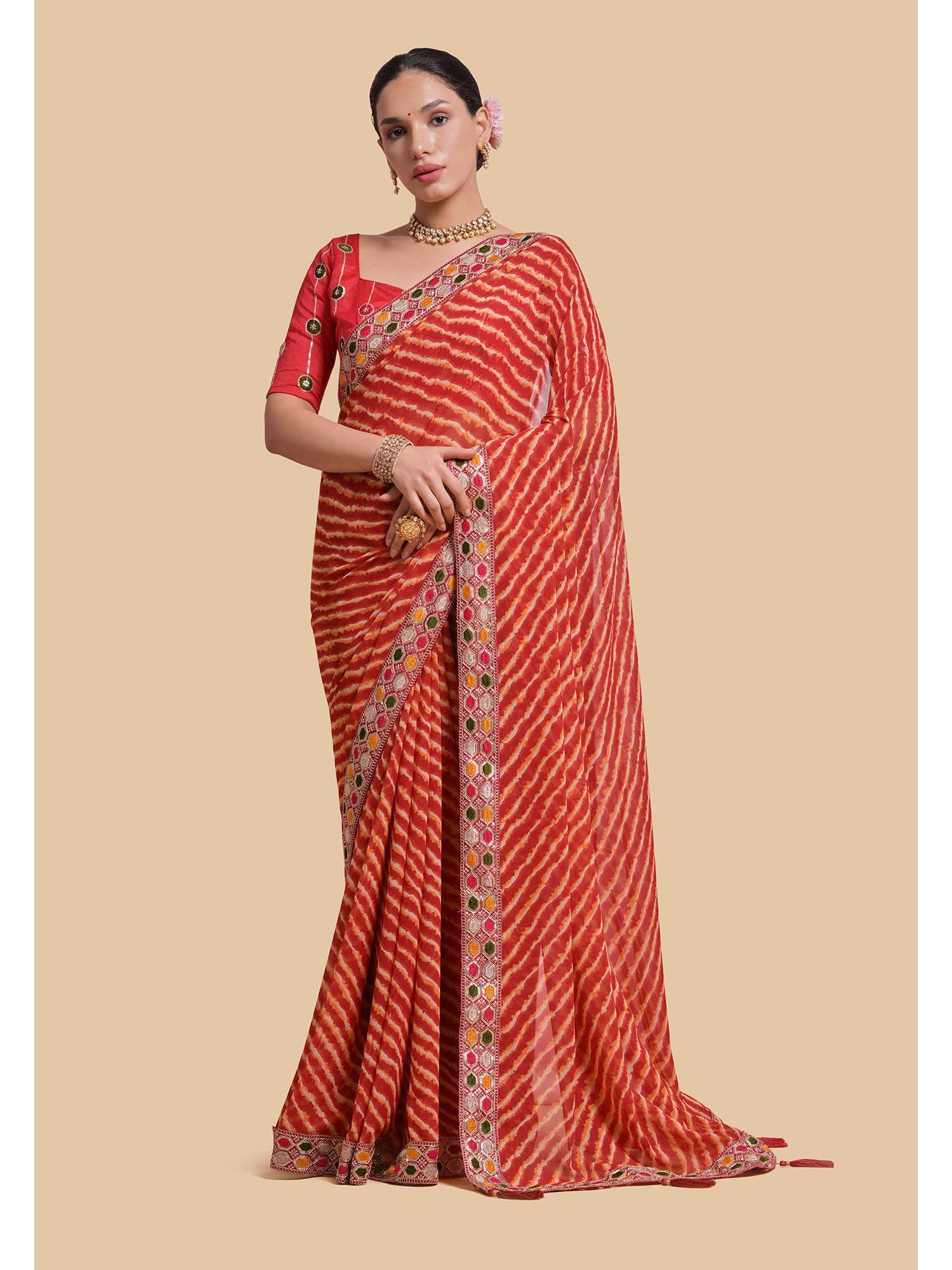 georgette lehariya printed and border embroidered red saree with stitched blouse likpfsar05