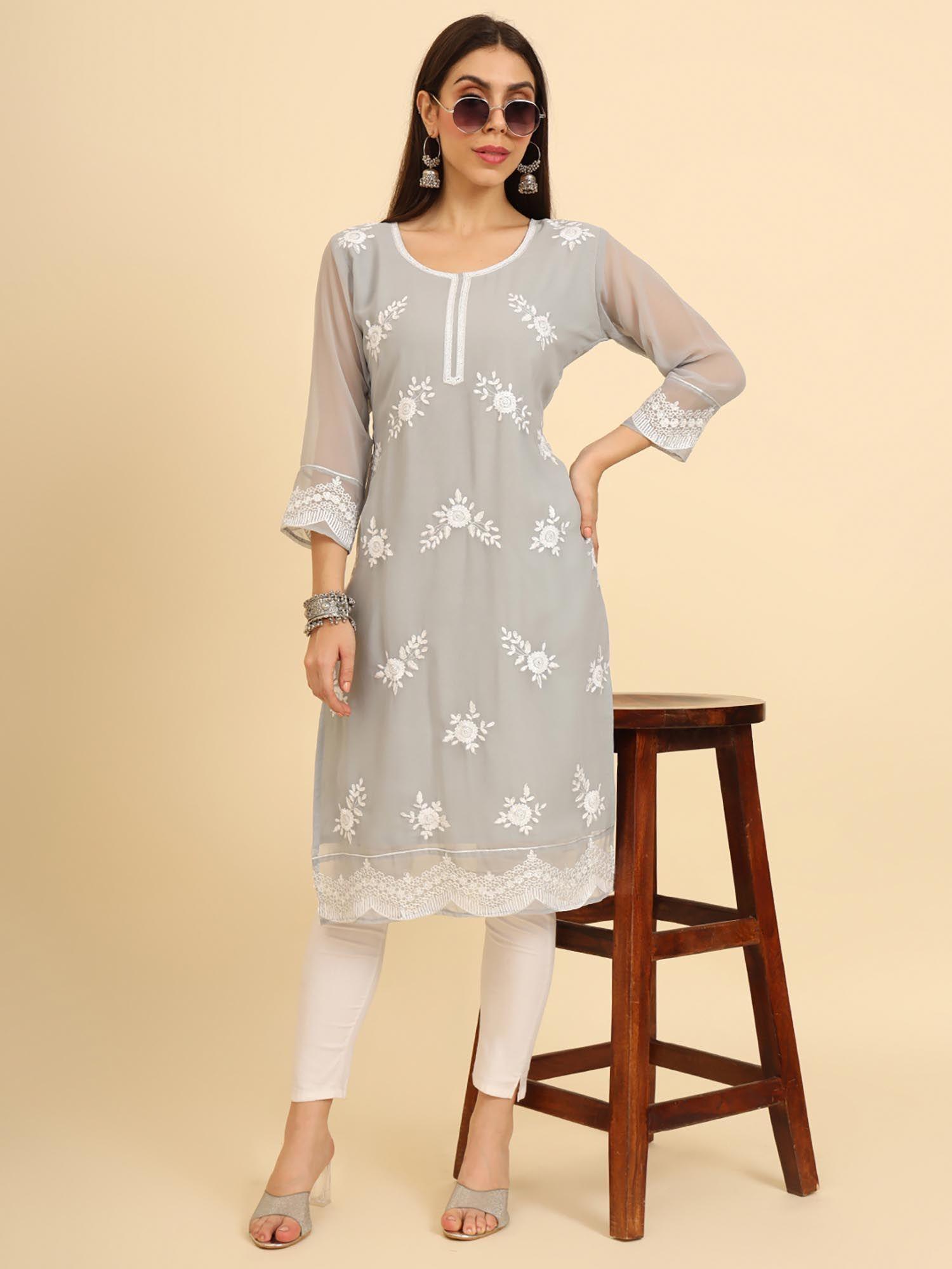 georgette lucknowi chikankari work straight kurta