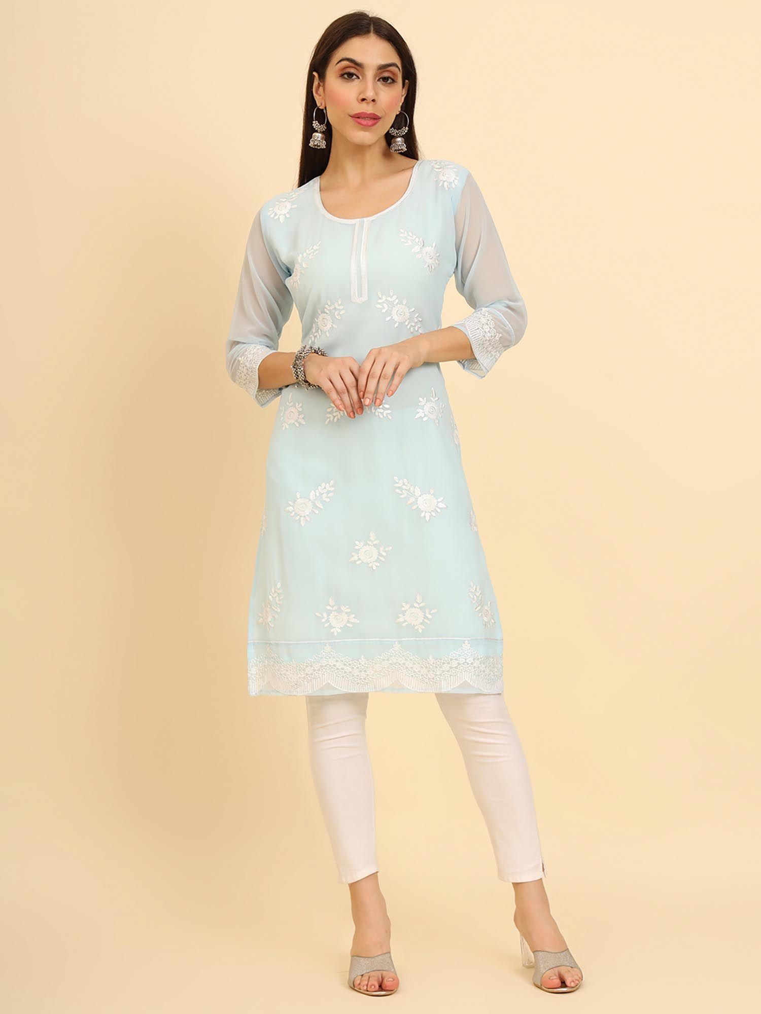 georgette lucknowi chikankari work straight kurta