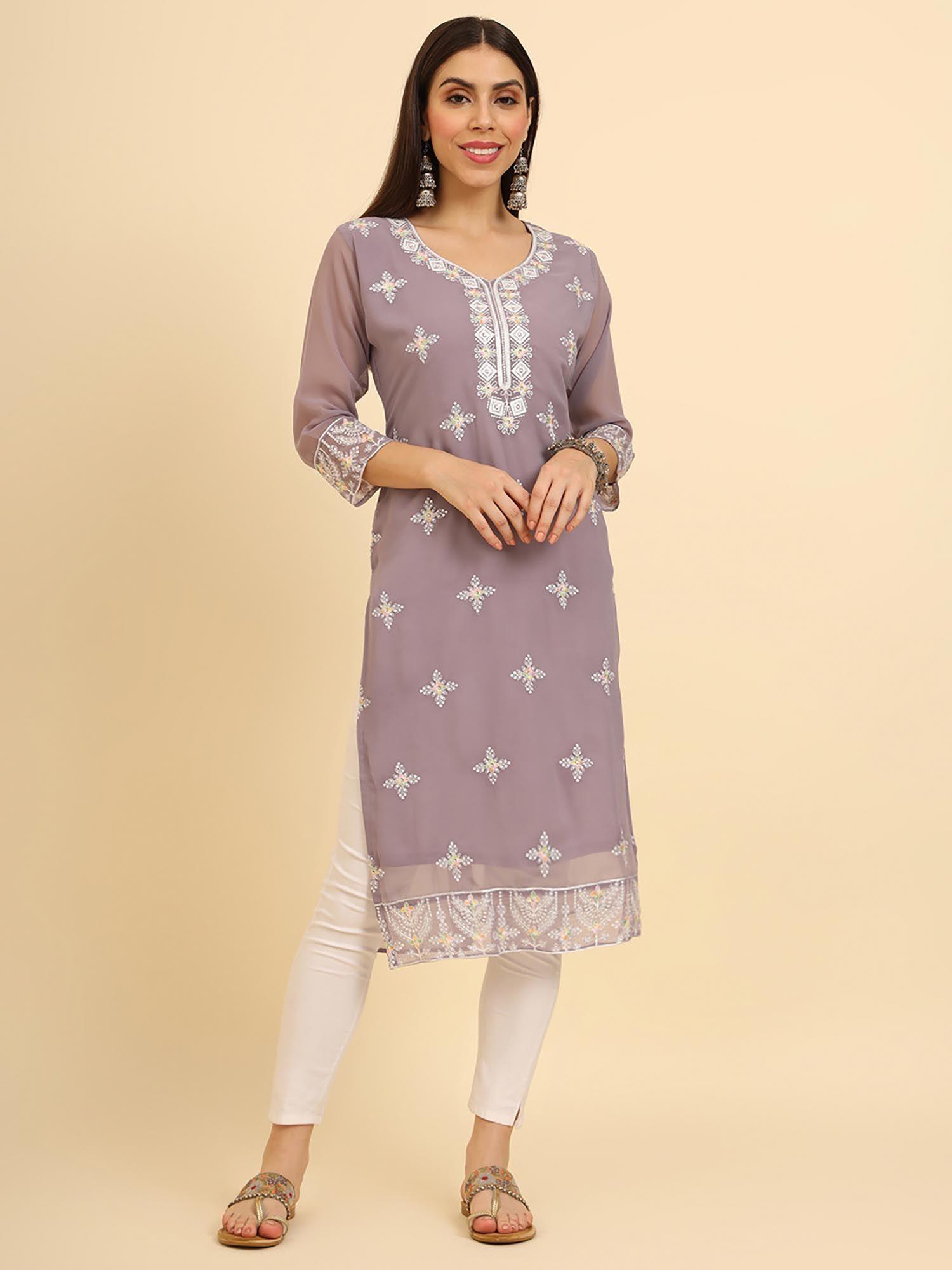 georgette lucknowi chikankari work straight kurta