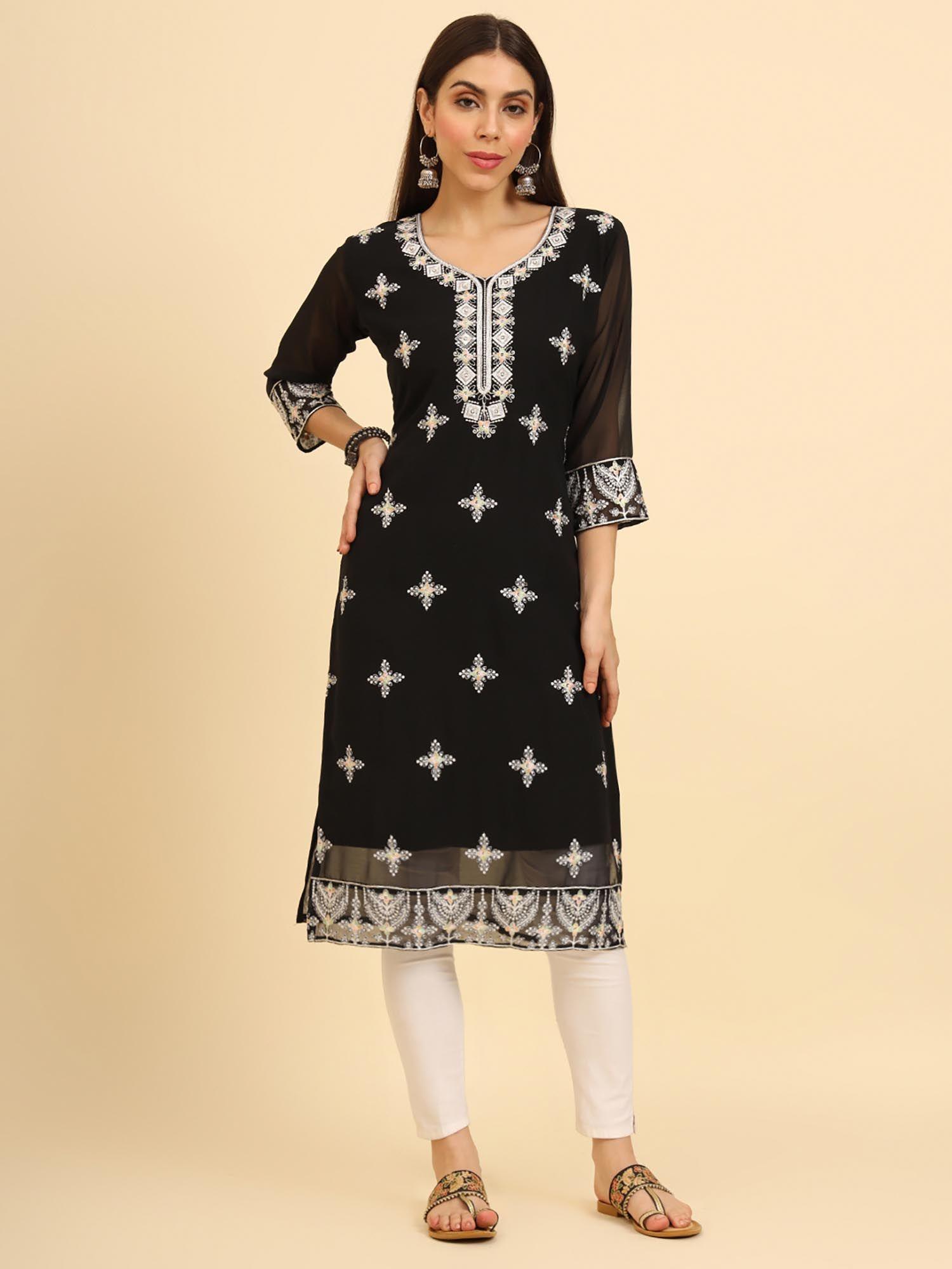 georgette lucknowi chikankari work straight kurta