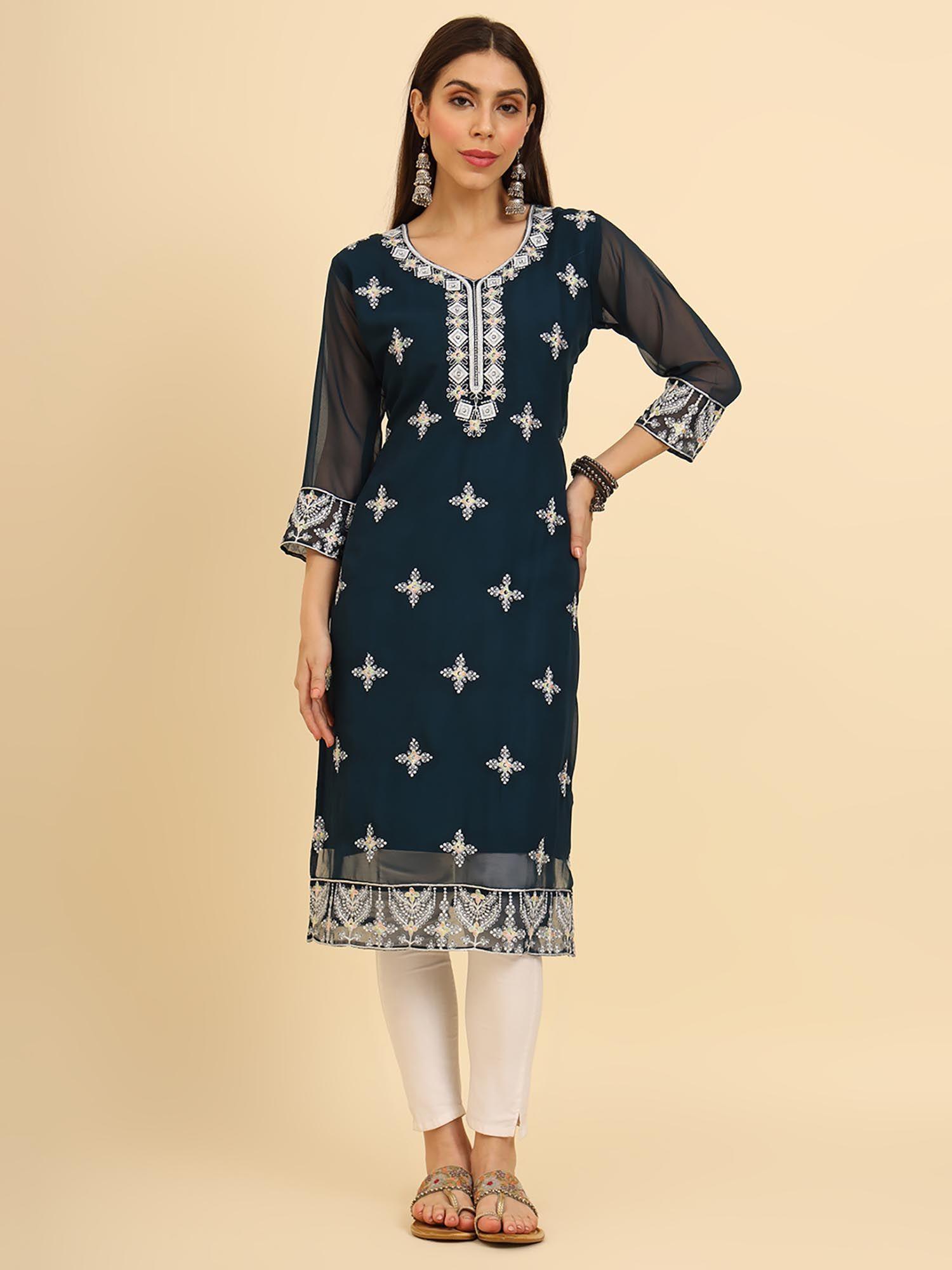 georgette lucknowi chikankari work straight kurta