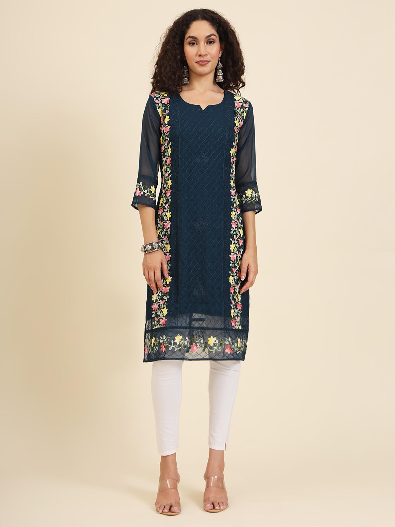 georgette lucknowi chikankari work straight kurta