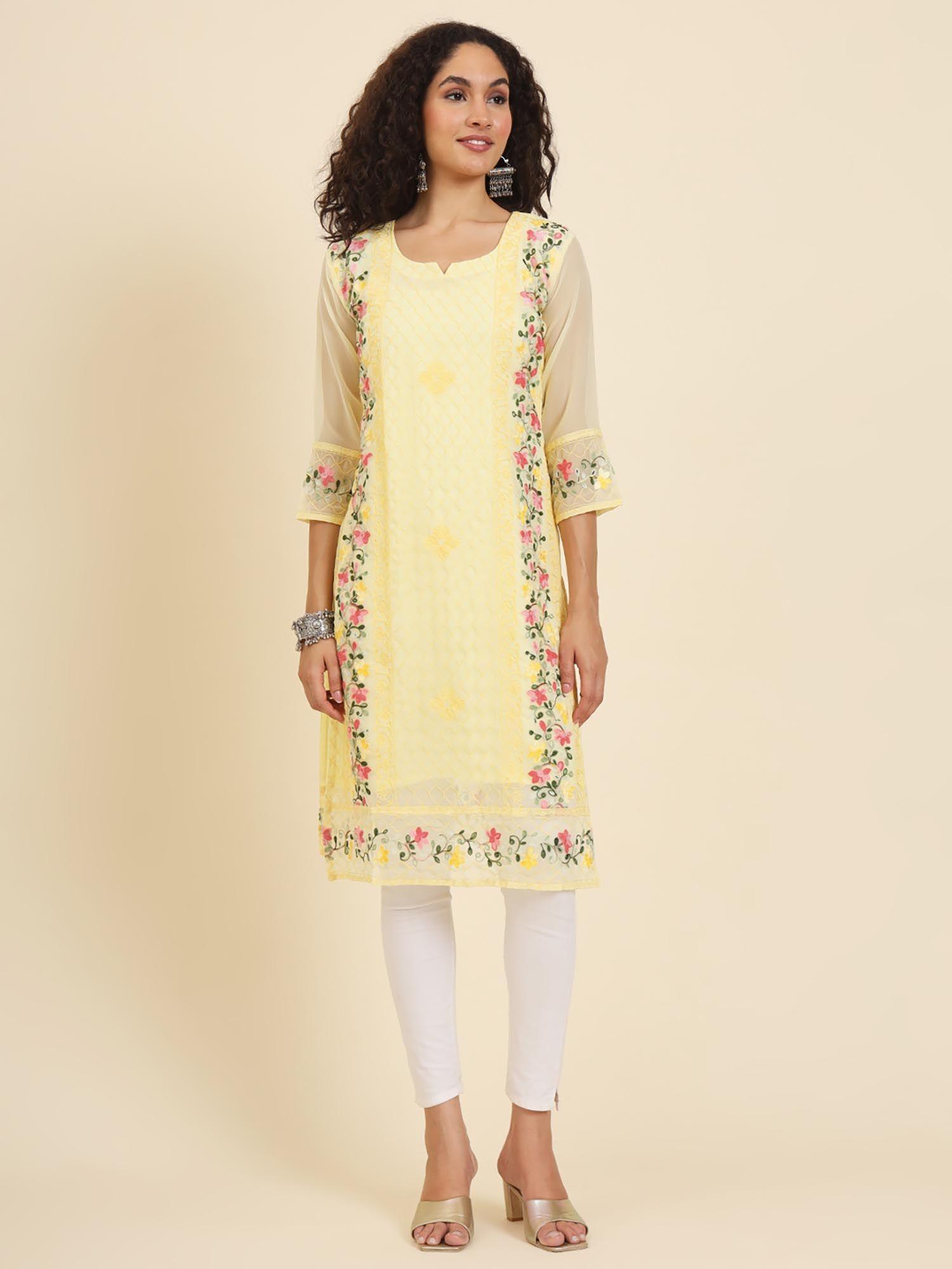 georgette lucknowi chikankari work straight kurta