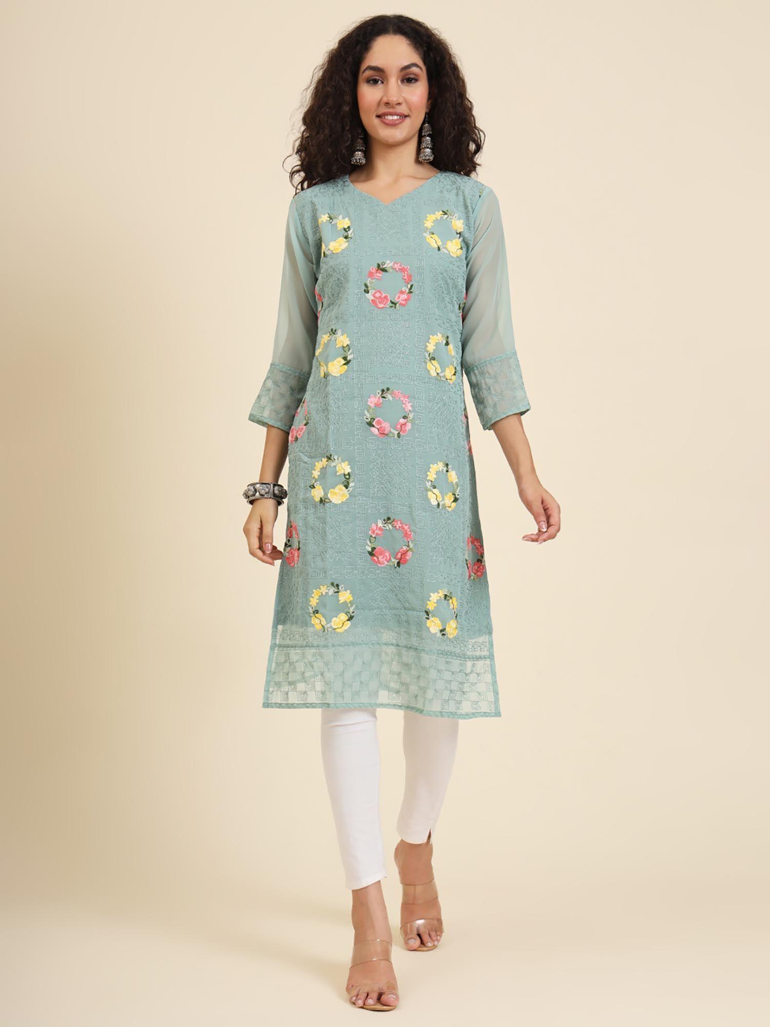 georgette lucknowi chikankari work straight kurta