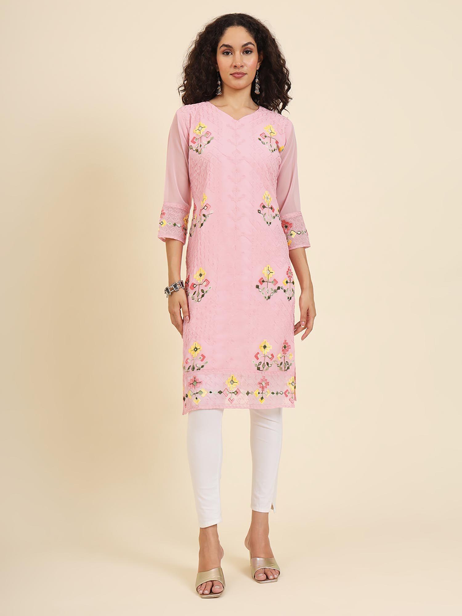 georgette lucknowi chikankari work straight kurta