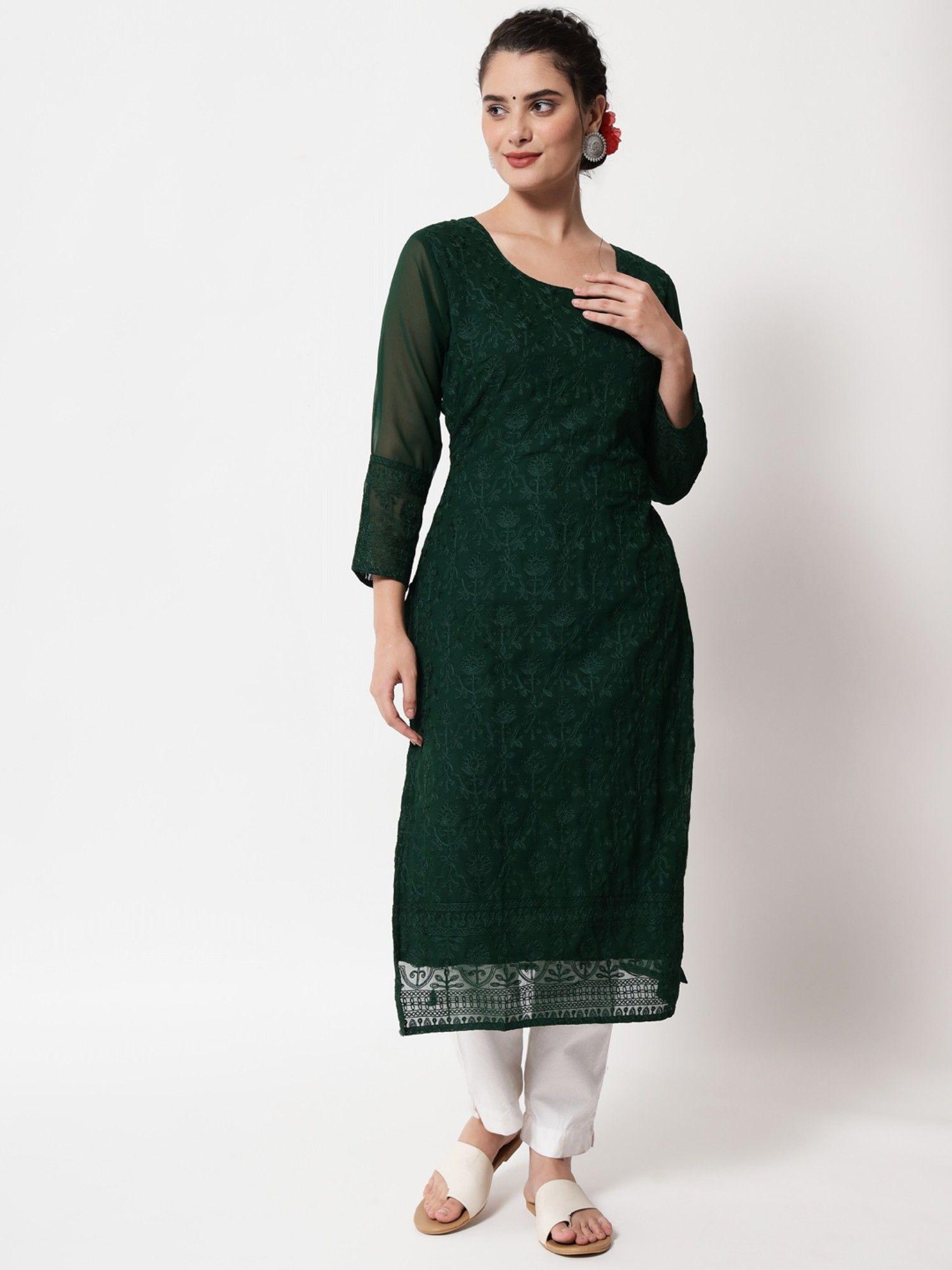 georgette lucknowi embroidery work straight kurtas