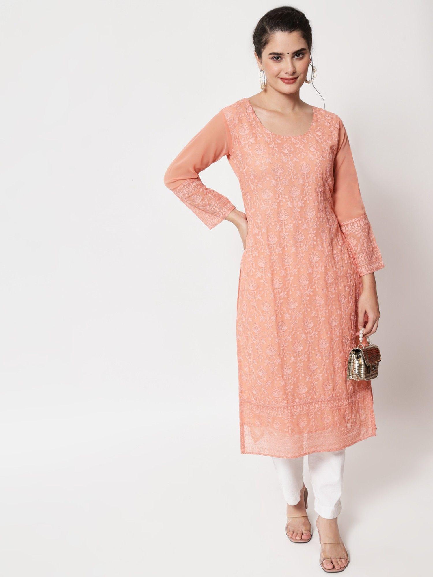 georgette lucknowi embroidery work straight kurtas