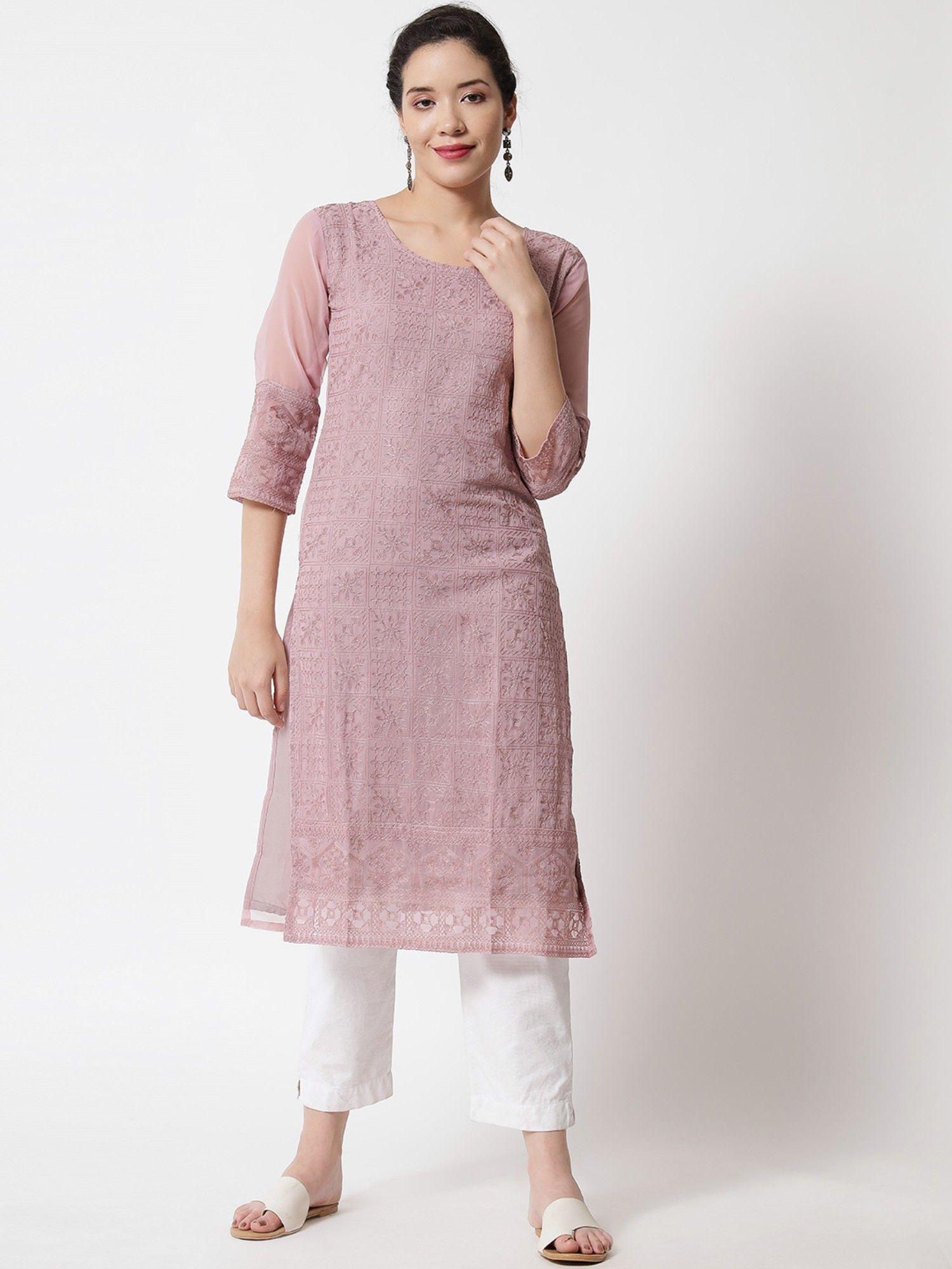 georgette lucknowi work straight kurtas