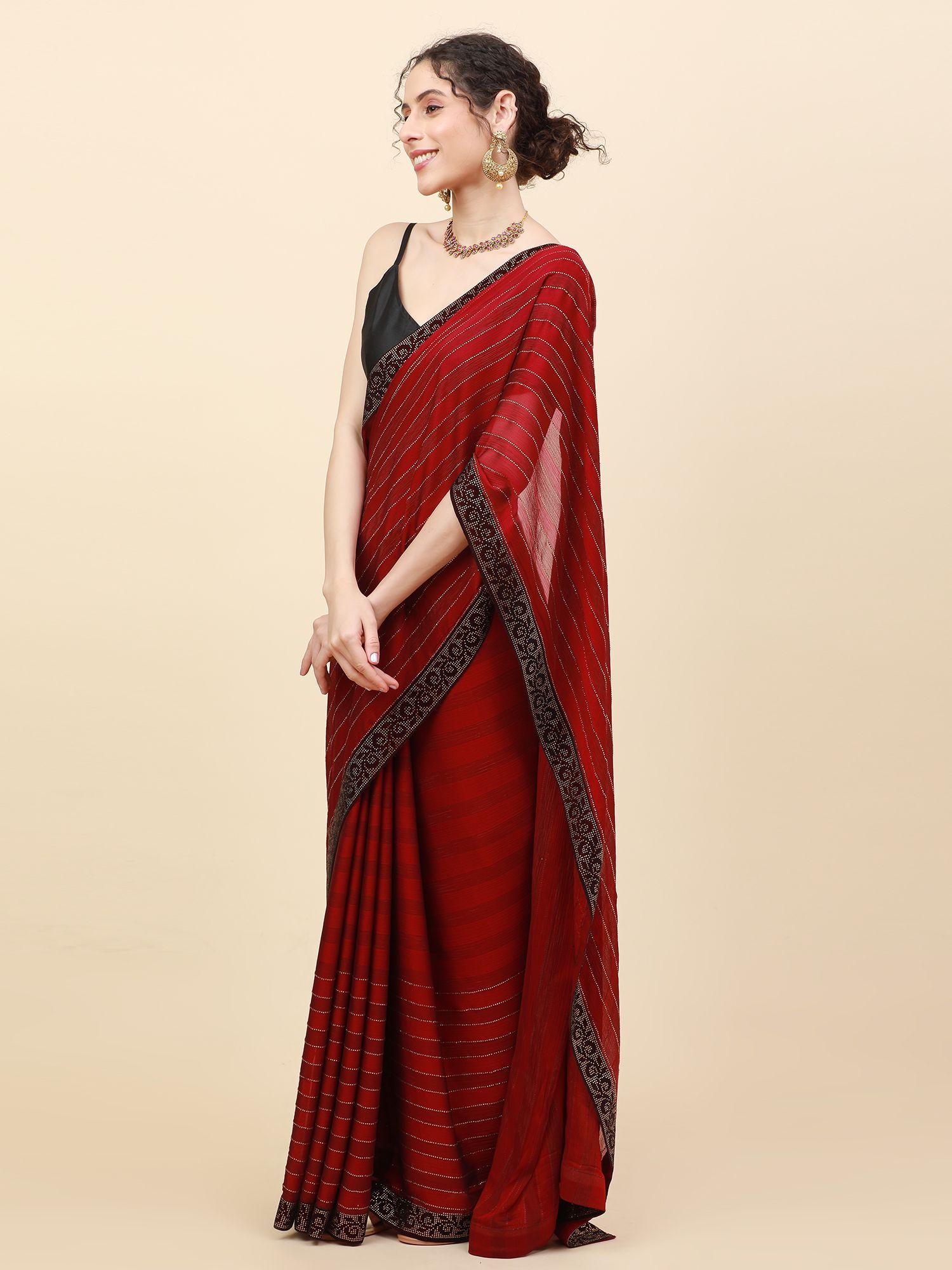 georgette maroon stripes embellished & sequined saree with unstitched blouse