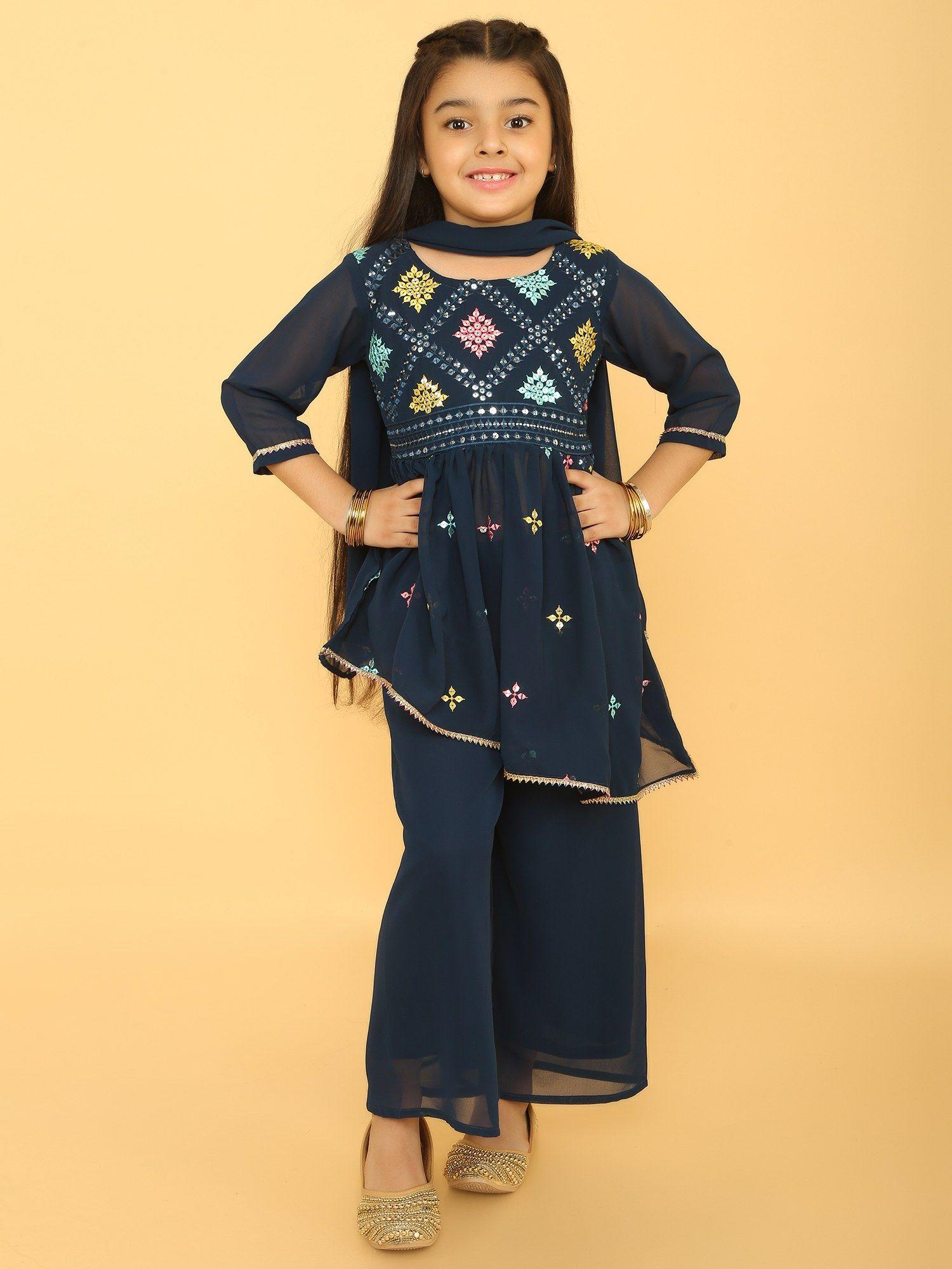 georgette multi thread kurta & palazzo with dupatta - navy blue (set of 3)