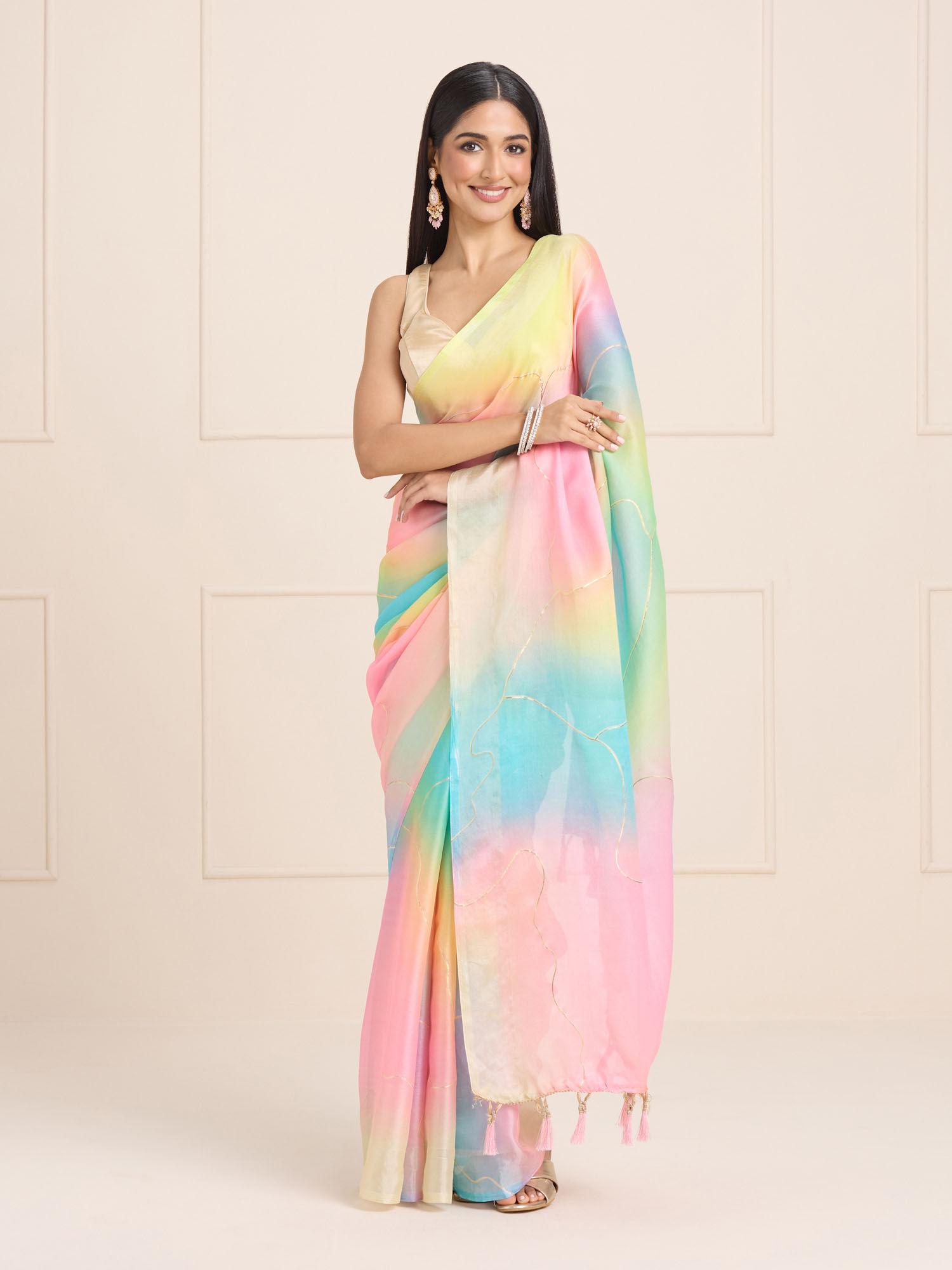 georgette muticolor ombre with embellished tassels party wear saree with unstitched blouse