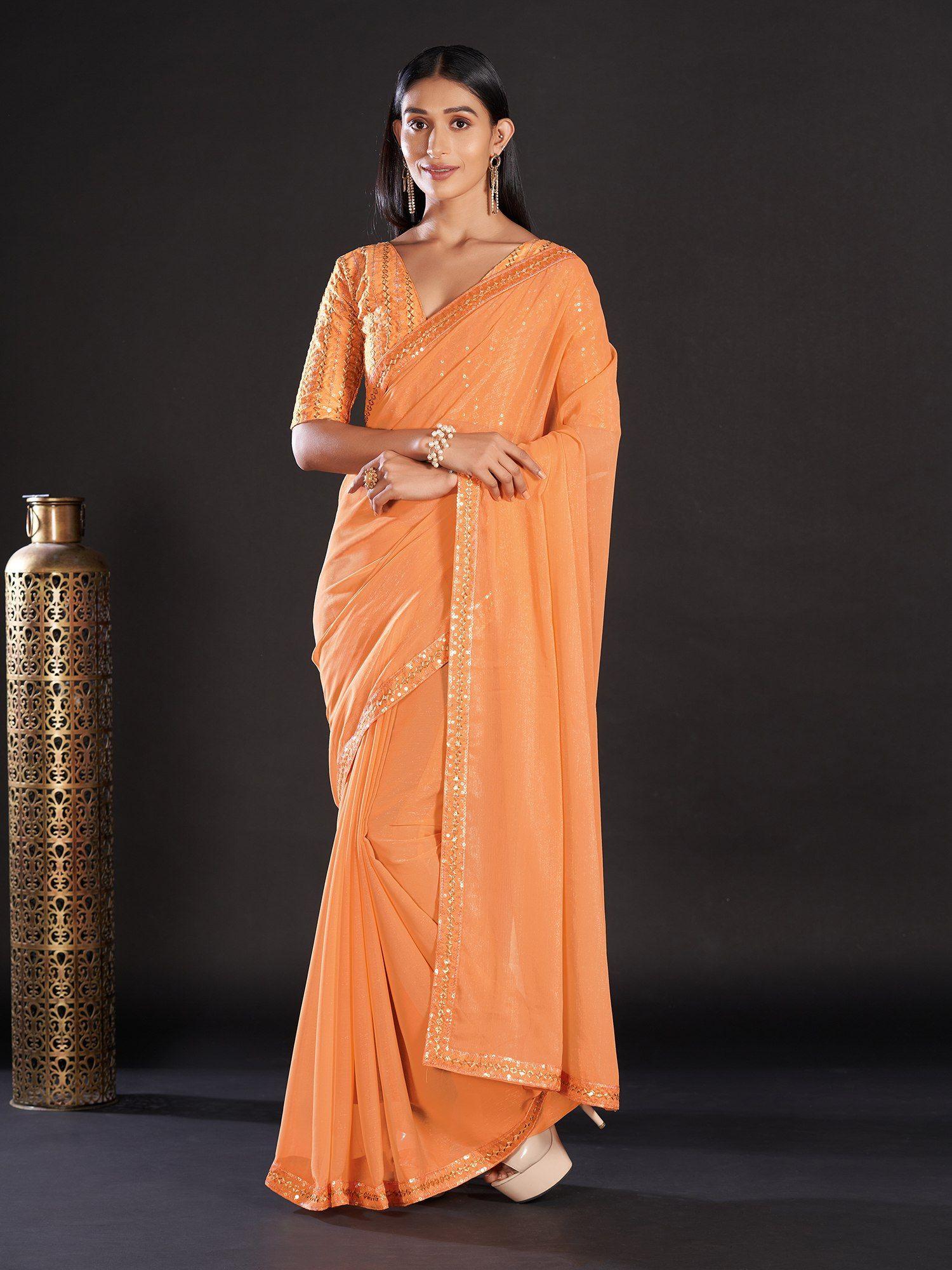 georgette orange embellished designer saree with blouse piece