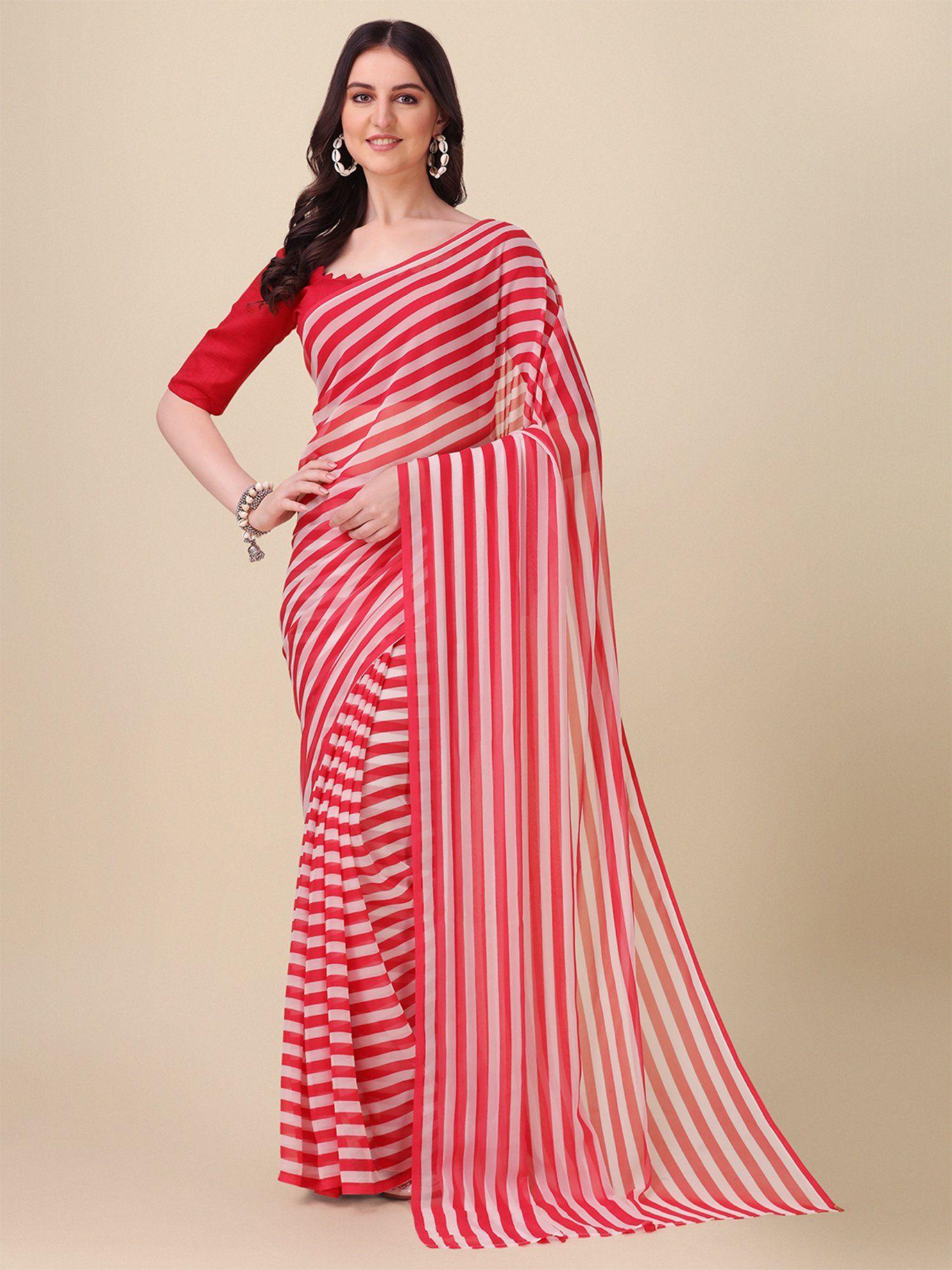 georgette pink color stripes saree with unstitched blouse