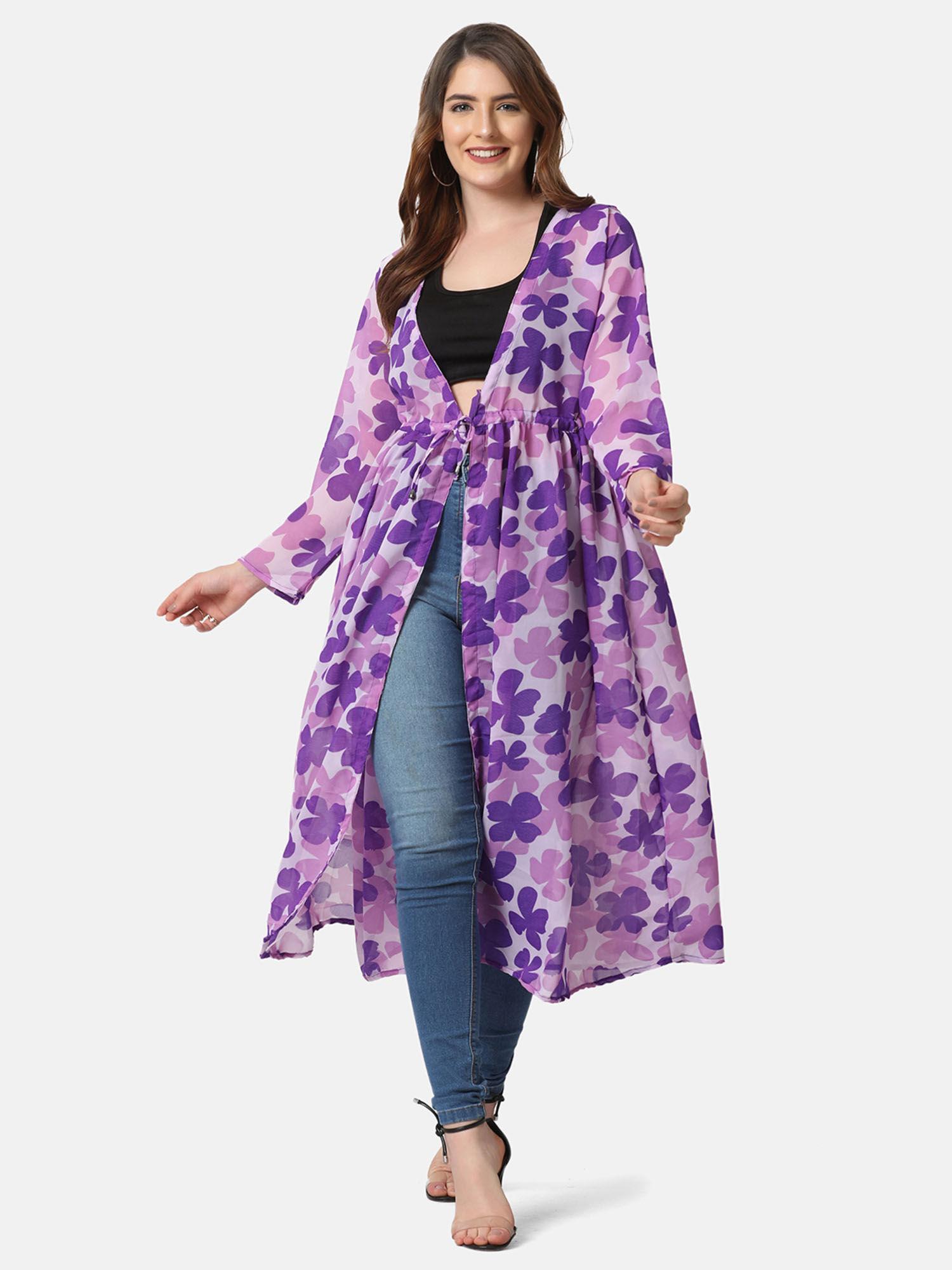 georgette purple floral print women long shrug