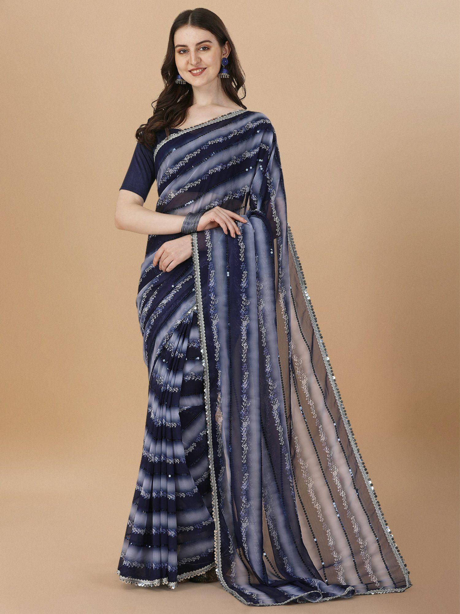 georgette sequence embroidered printed navy blue saree with unstitched blouse