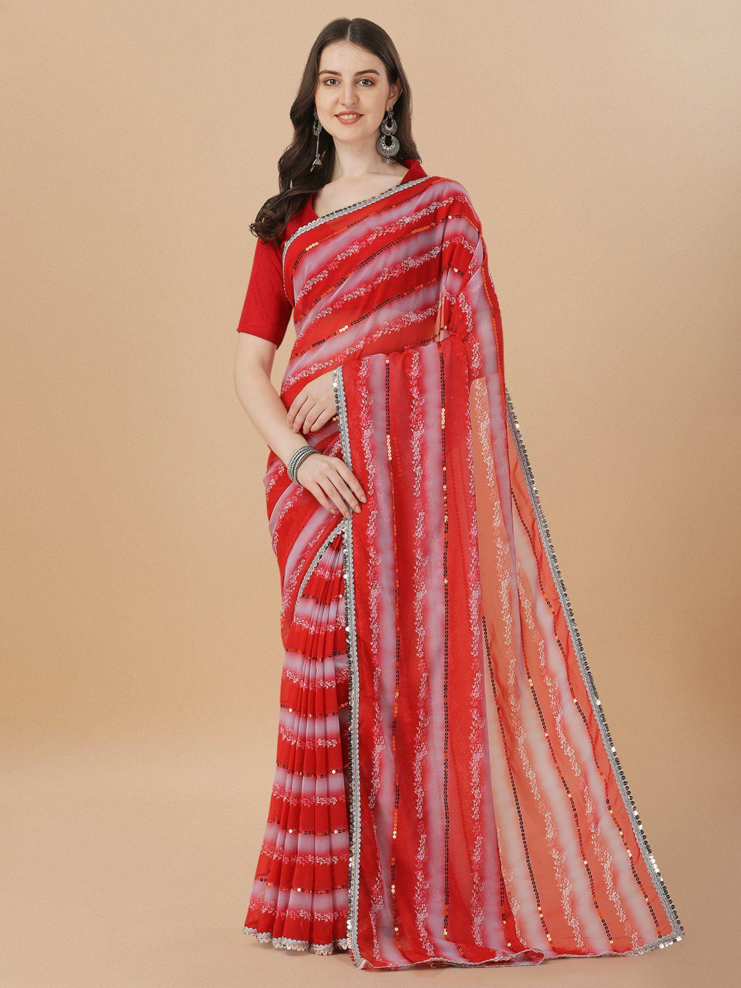 georgette sequence embroidered printed red saree with unstitched blouse