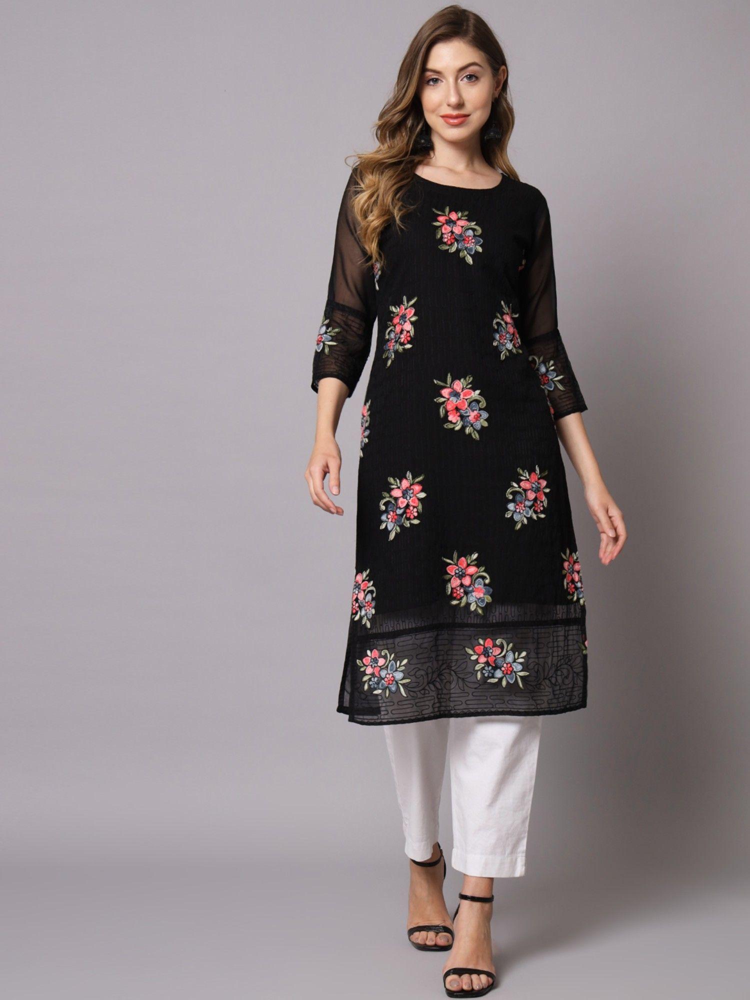 georgette straight embroidered kurta with crepe inner