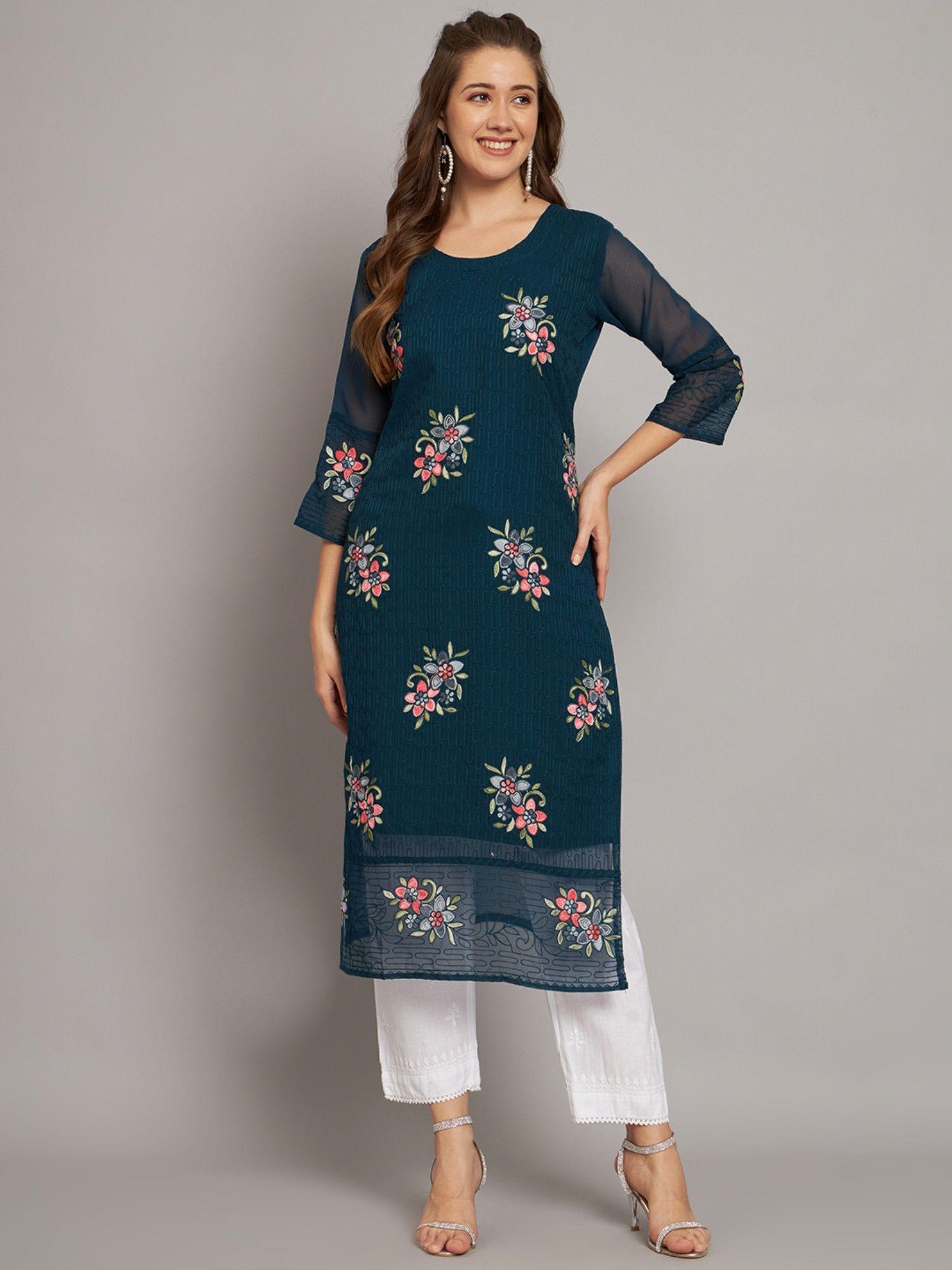 georgette straight embroidered kurta with crepe inner