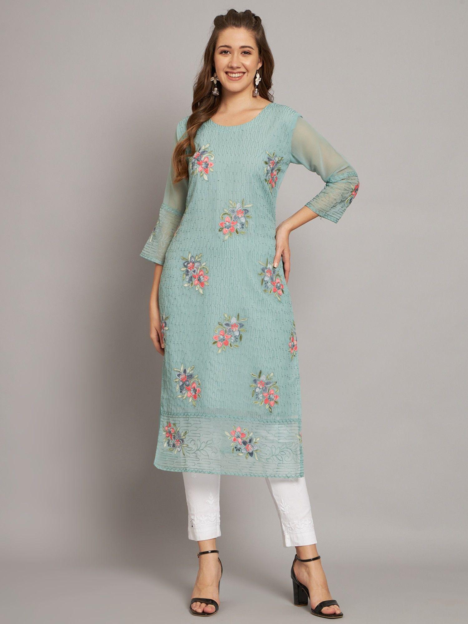 georgette straight embroidered kurta with crepe inner