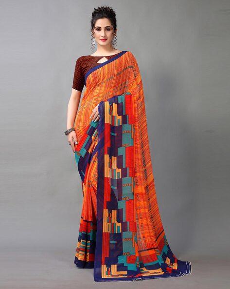 georgette striped print saree with unstitched blouse