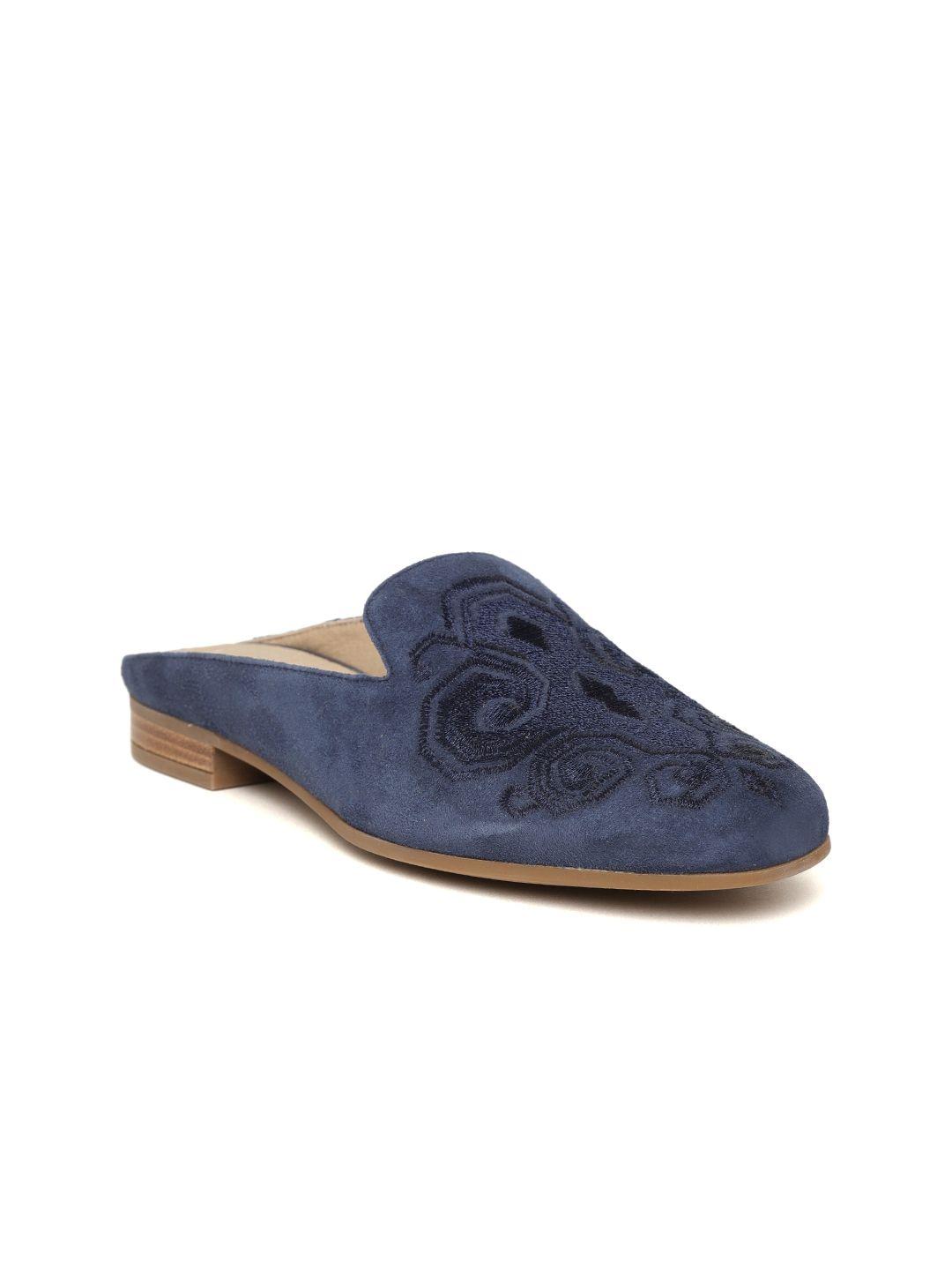 geox women navy blue suede leather embroidered mules