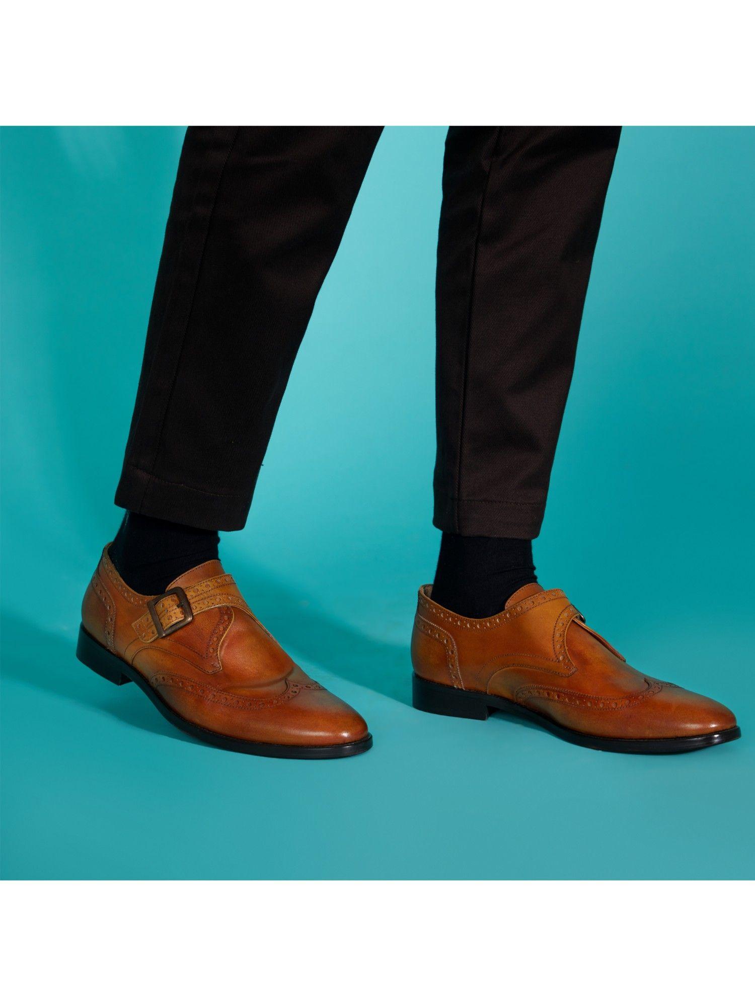 gerardo tan leather single monk straps brogue shoes