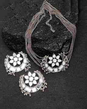 german silver ghungroo beaded necklace & earrings set