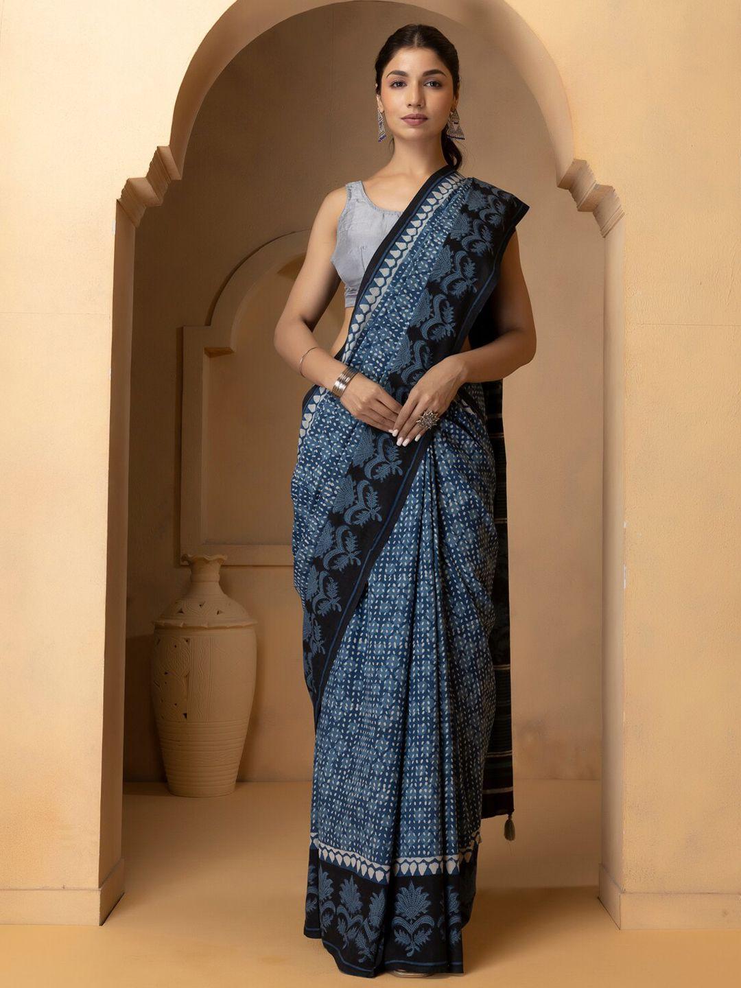geroo jaipur blue & white colourblocked pure cotton bagru saree