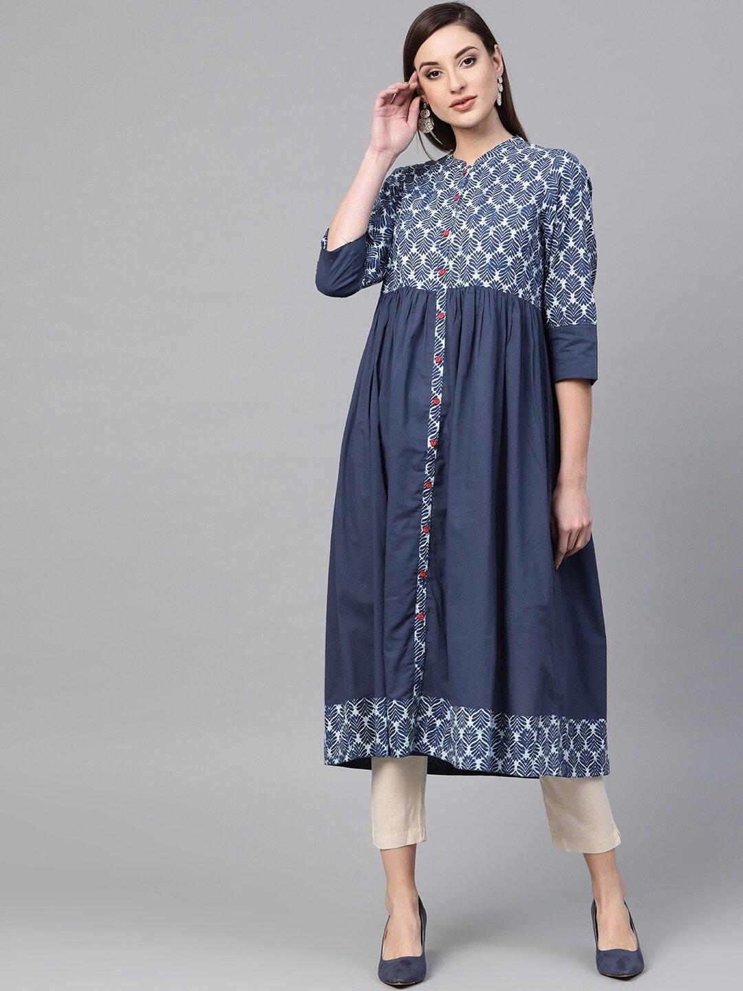 geroo jaipur ethnic motifs printed mandarin collar pleated cotton a-line kurta