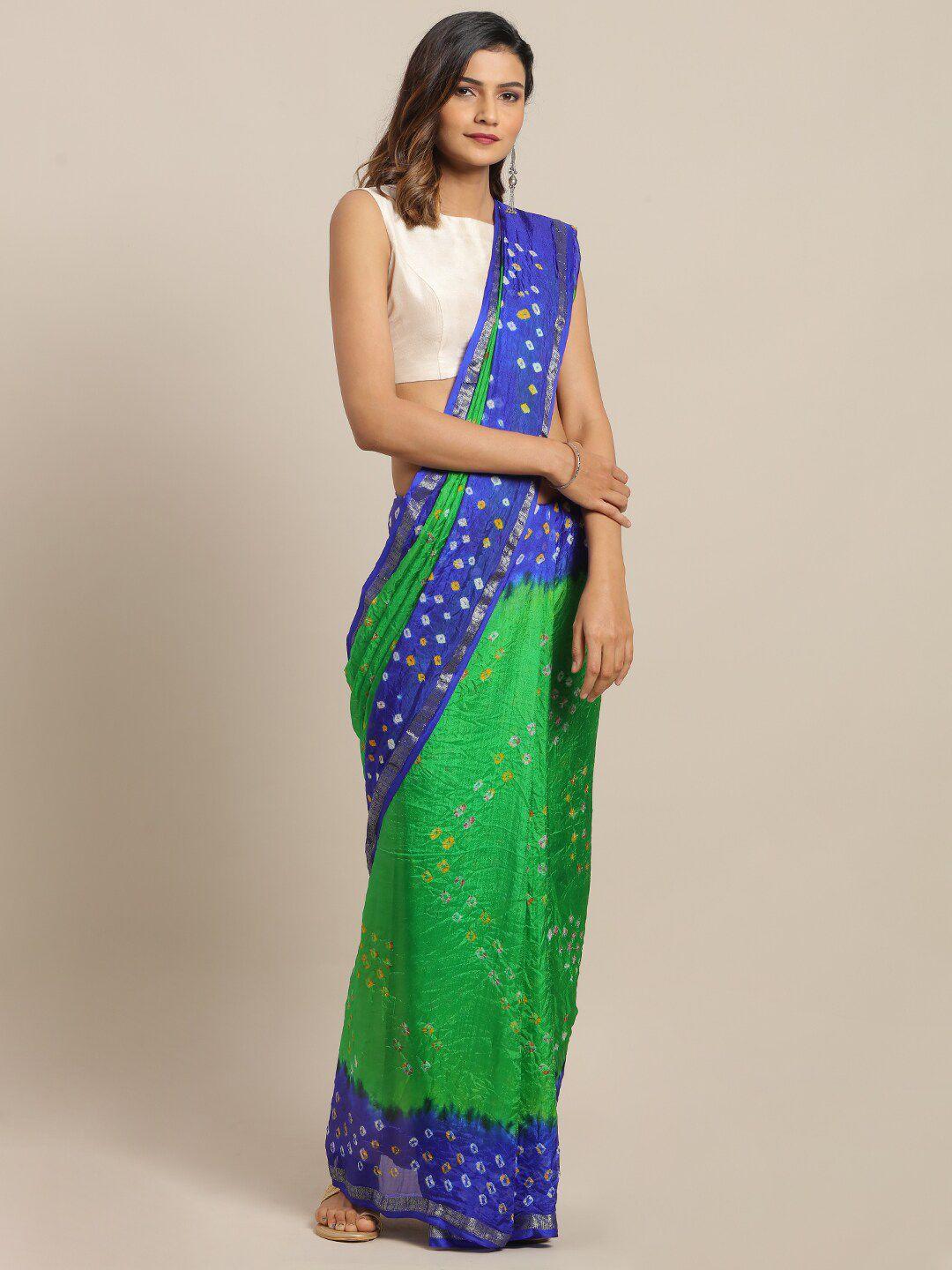 geroo jaipur green & blue bandhani zari art silk bandhani saree