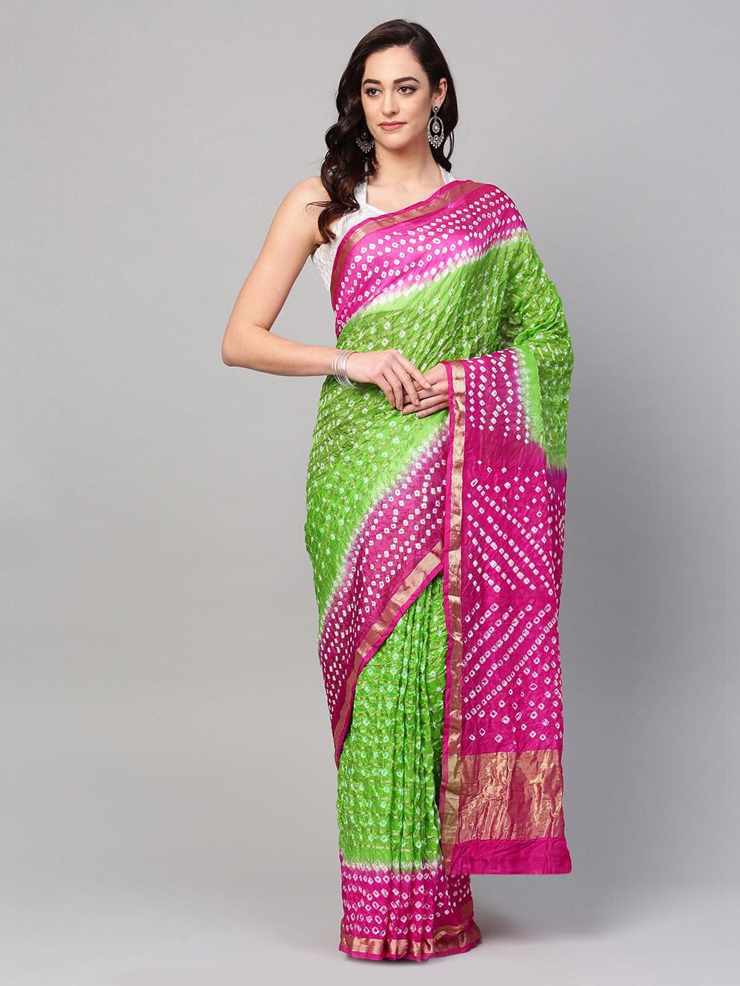 geroo jaipur hand dyed green & pink bandhani silk sustainable saree