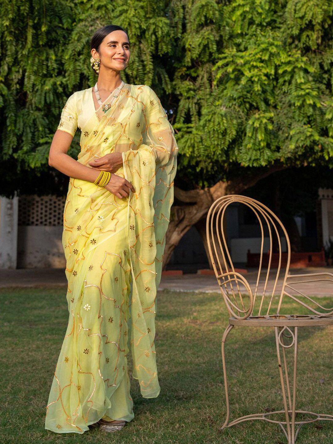 geroo jaipur lime green & gold-toned ethnic motifs gotta patti pure chiffon saree