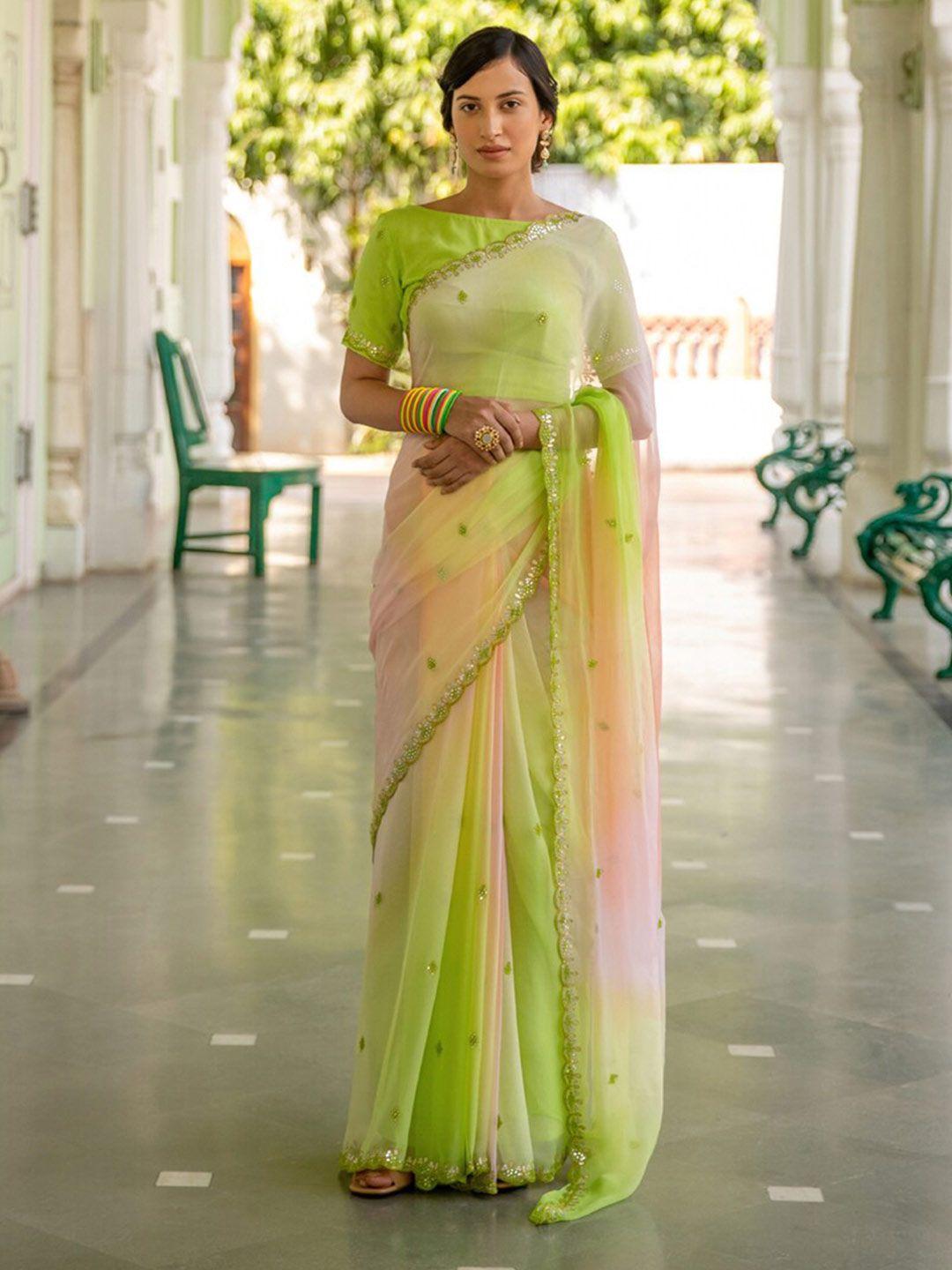geroo jaipur lime green & pink ethnic motifs beads and stones pure chiffon saree