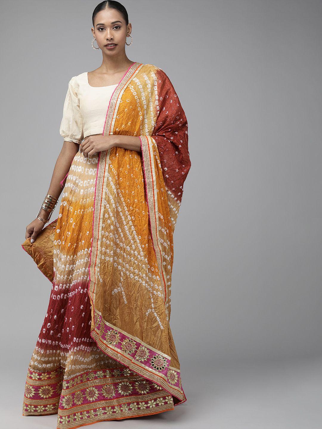 geroo jaipur multicoloured hand bandhani silk ready lehenga, unstitched blouse & dupatta