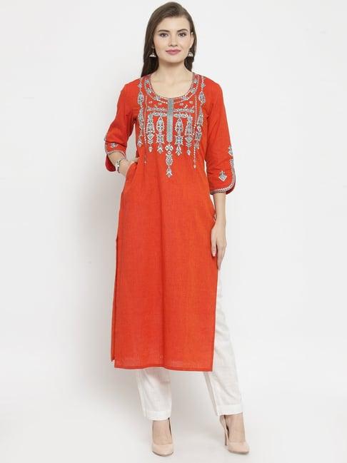 geroo jaipur orange yoke woven design straight pure cotton kurta