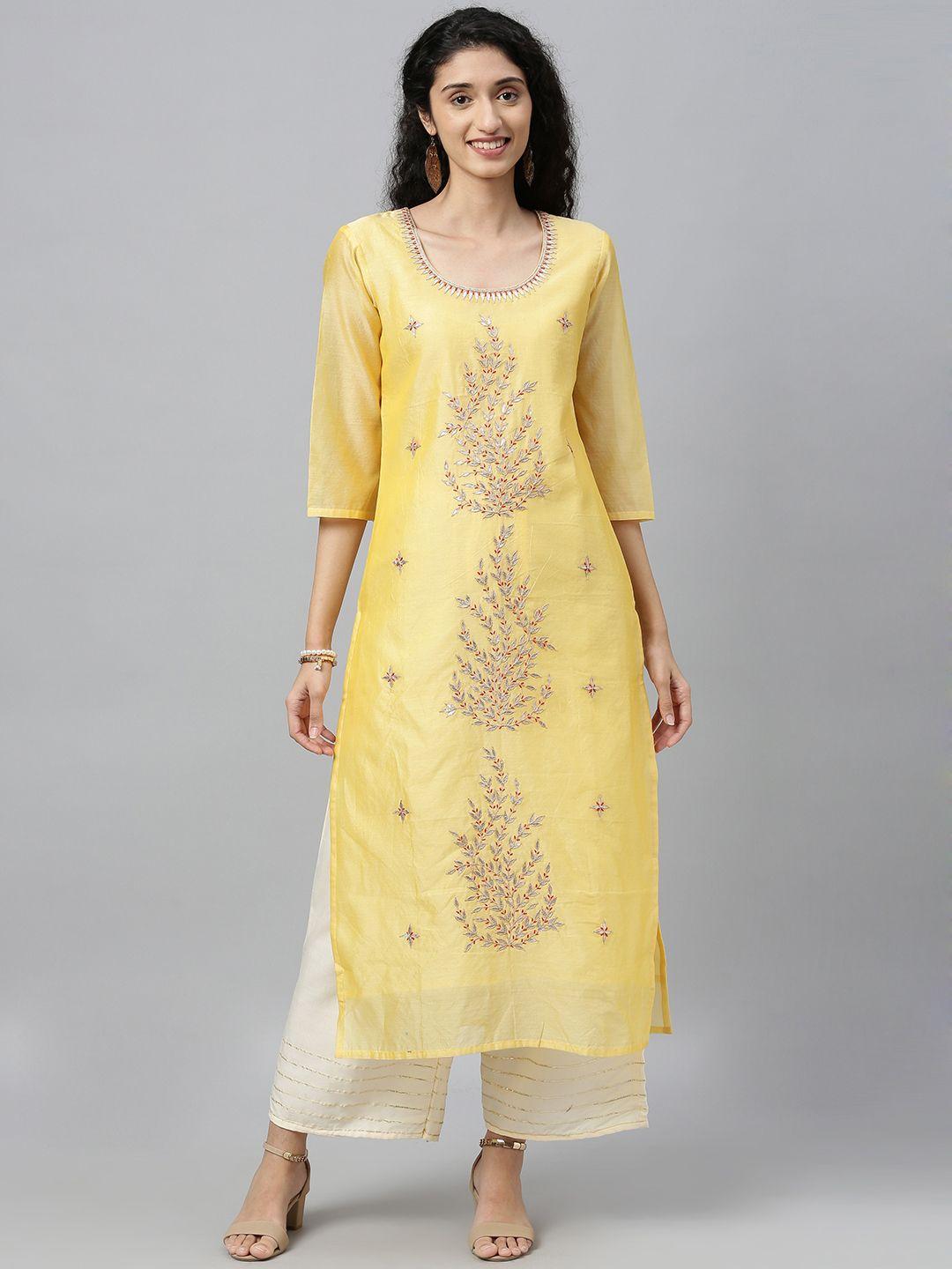 geroo jaipur yellow hand embroidered gota patti chanderi kurta with palazzo
