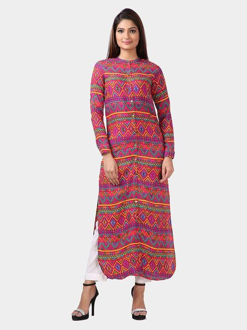 geroo jaipur  red floral printed straignt long rayon kurta