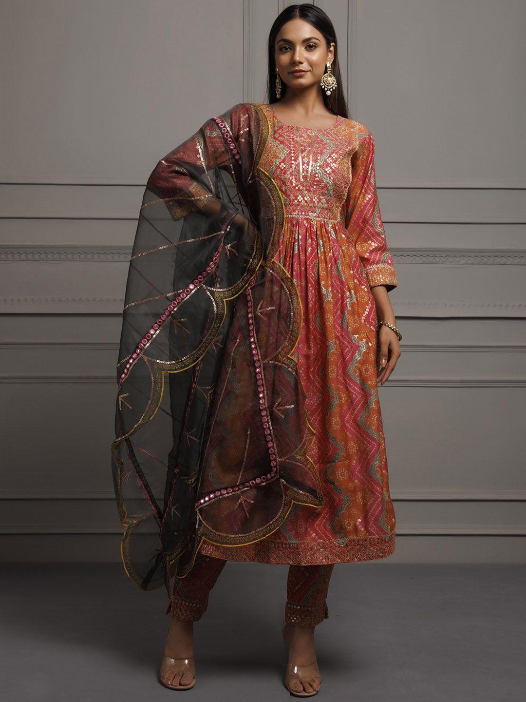 geroo jaipur bandhani printed sequinned anarkali kurta with palazzos & dupatta