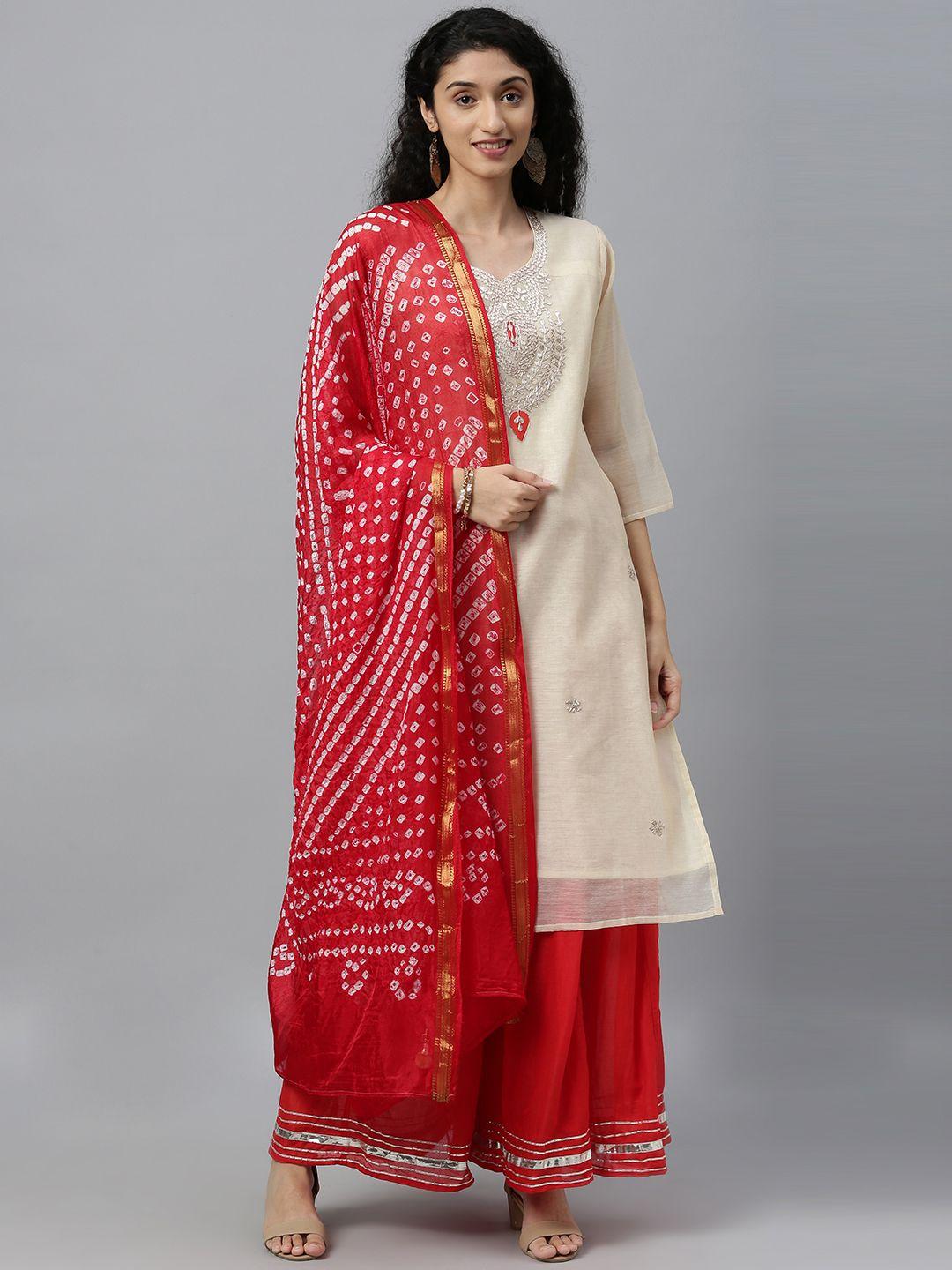 geroo jaipur beige hand embroidered chanderi sustainable kurta with palazzo & bandhani dupatta