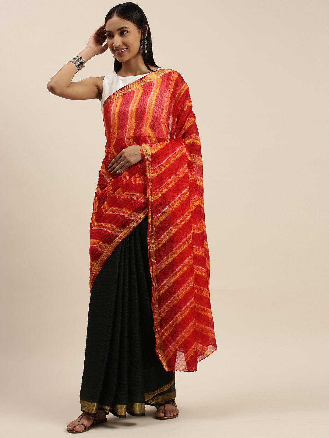 geroo jaipur black & red leheriya silk blend half and half leheriya saree