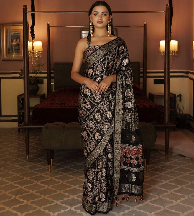 geroo jaipur black gharchola ajrakh handblock print zari silk saree