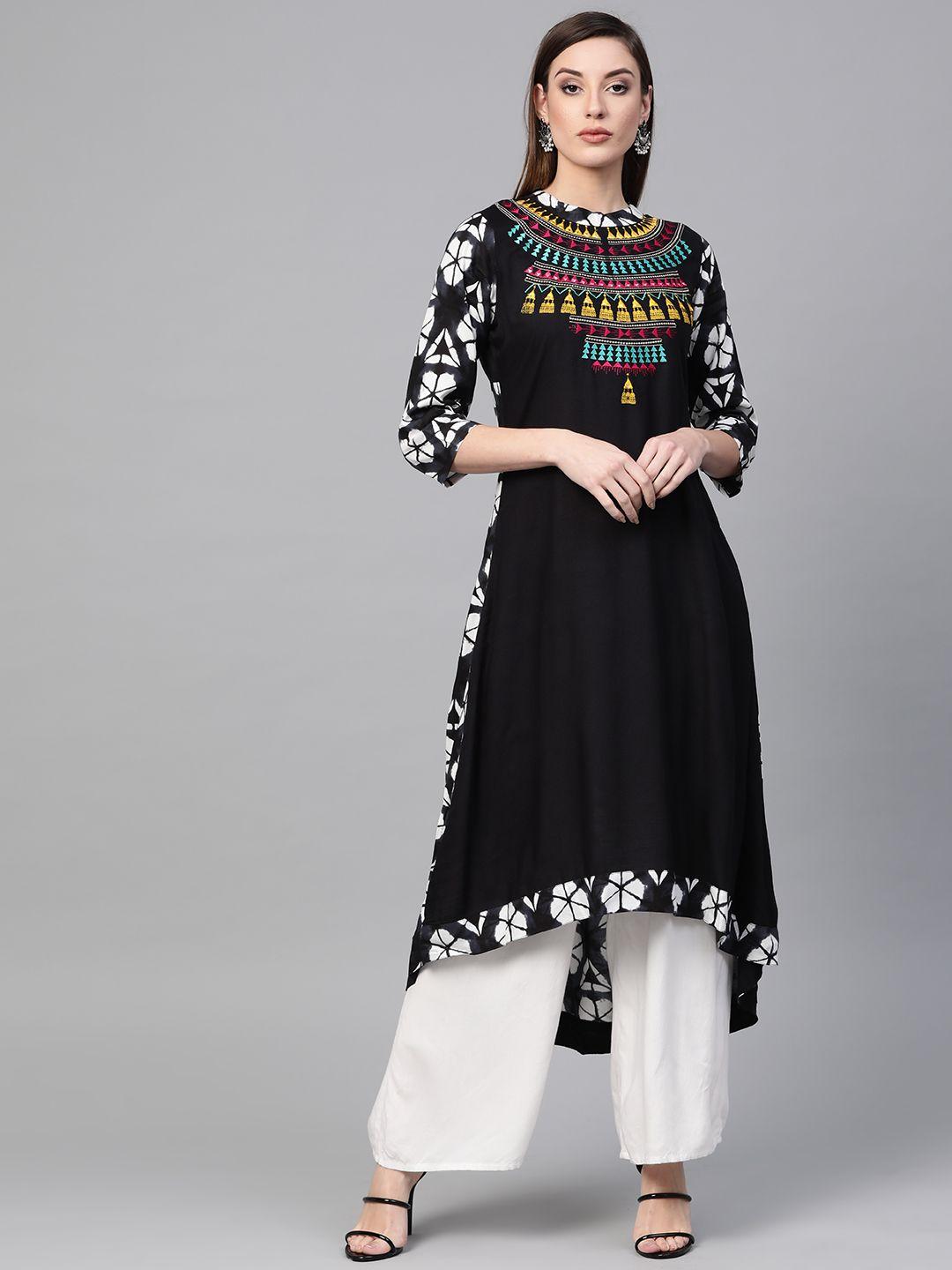 geroo jaipur black hand embroidered a-line rayon sustainable kurta