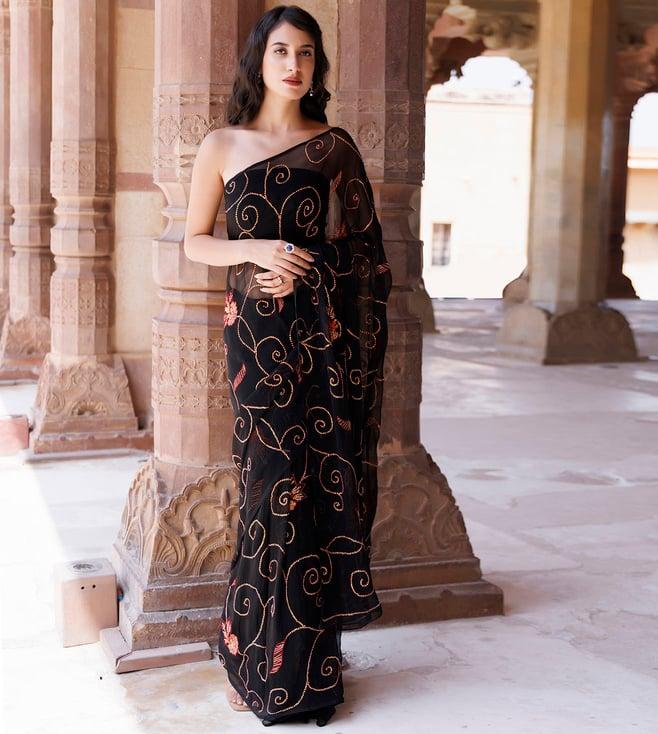 geroo jaipur black hand embroidered sequins jaal chiffon saree