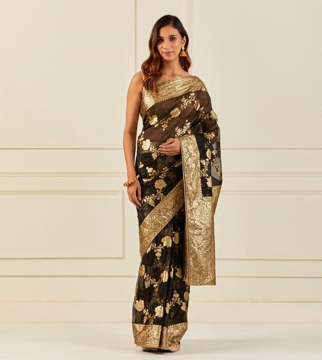 geroo jaipur black handcrafted zari woven organza banarasi saree