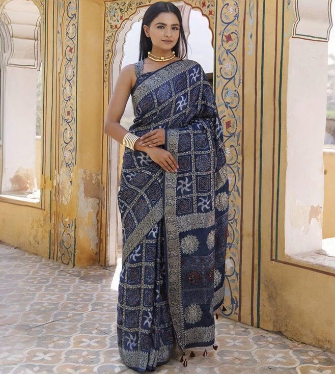 geroo jaipur blue & indigo gharchola ajrakh handblock print zari silk saree