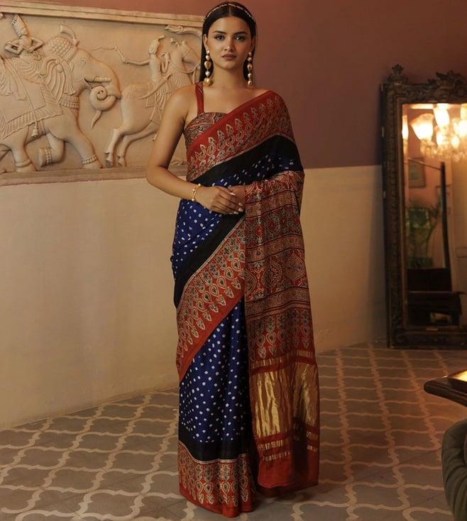 geroo jaipur blue & red bandhani silk saree with ajrakh zari pallu